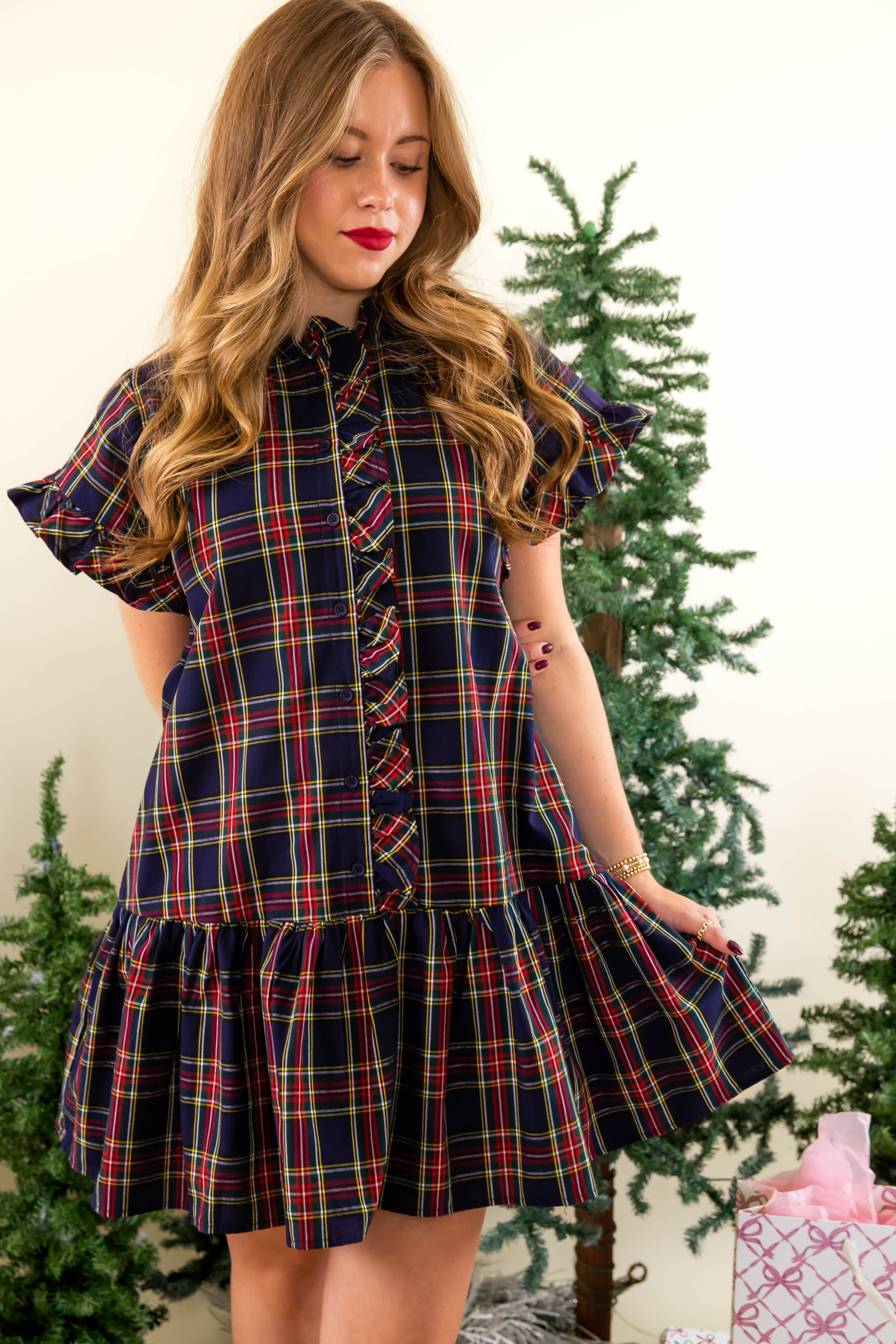 Navy Tartan Dress- Classic Tartan Ruffled Dress- Entro Plaid Dress Medium