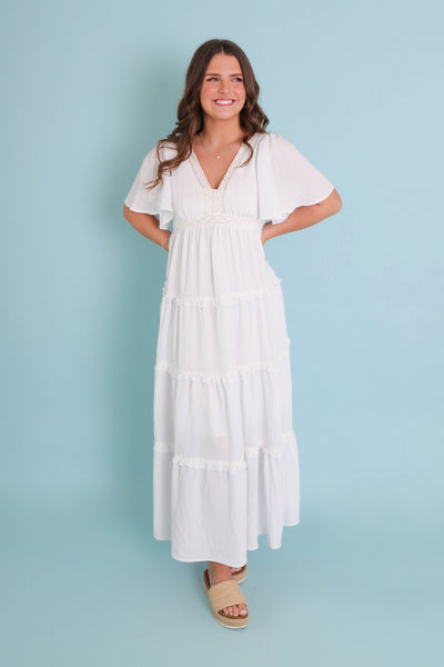 Gorgeous White Maxi Dress- Boho Style White Dress- Flutter Sleeve White Dress