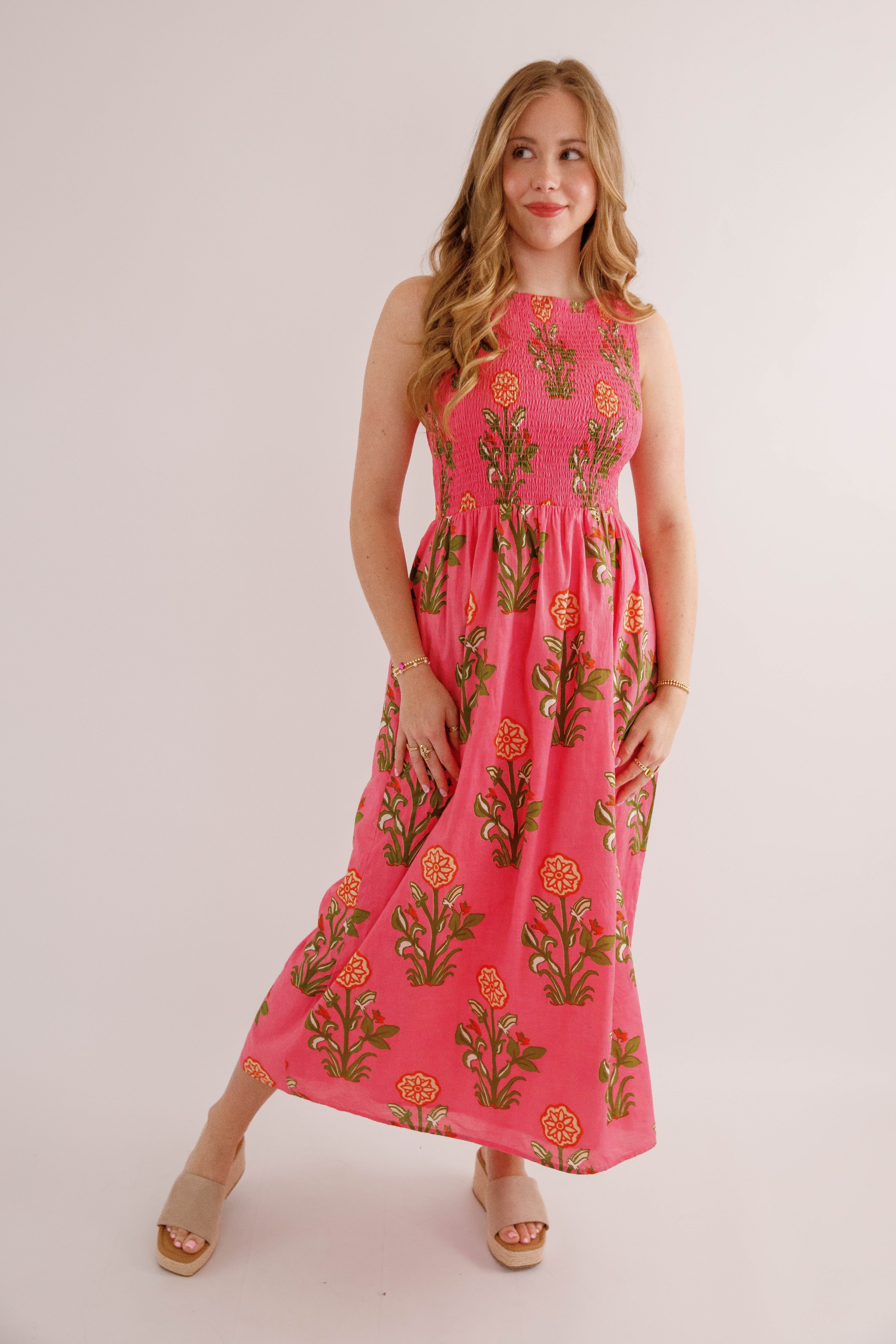 Pink Floral Smocked Midi Dress – Cotton Summer Maxi- THML Cotton Dress Extra Large