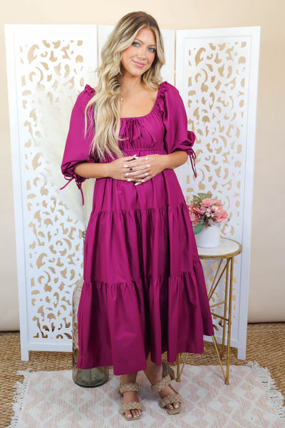 Poplin Puff Sleeve Midi Dress- Purple Puff Sleeve Dress- Cottage Core Style Dresses- &Merci Midi Dress