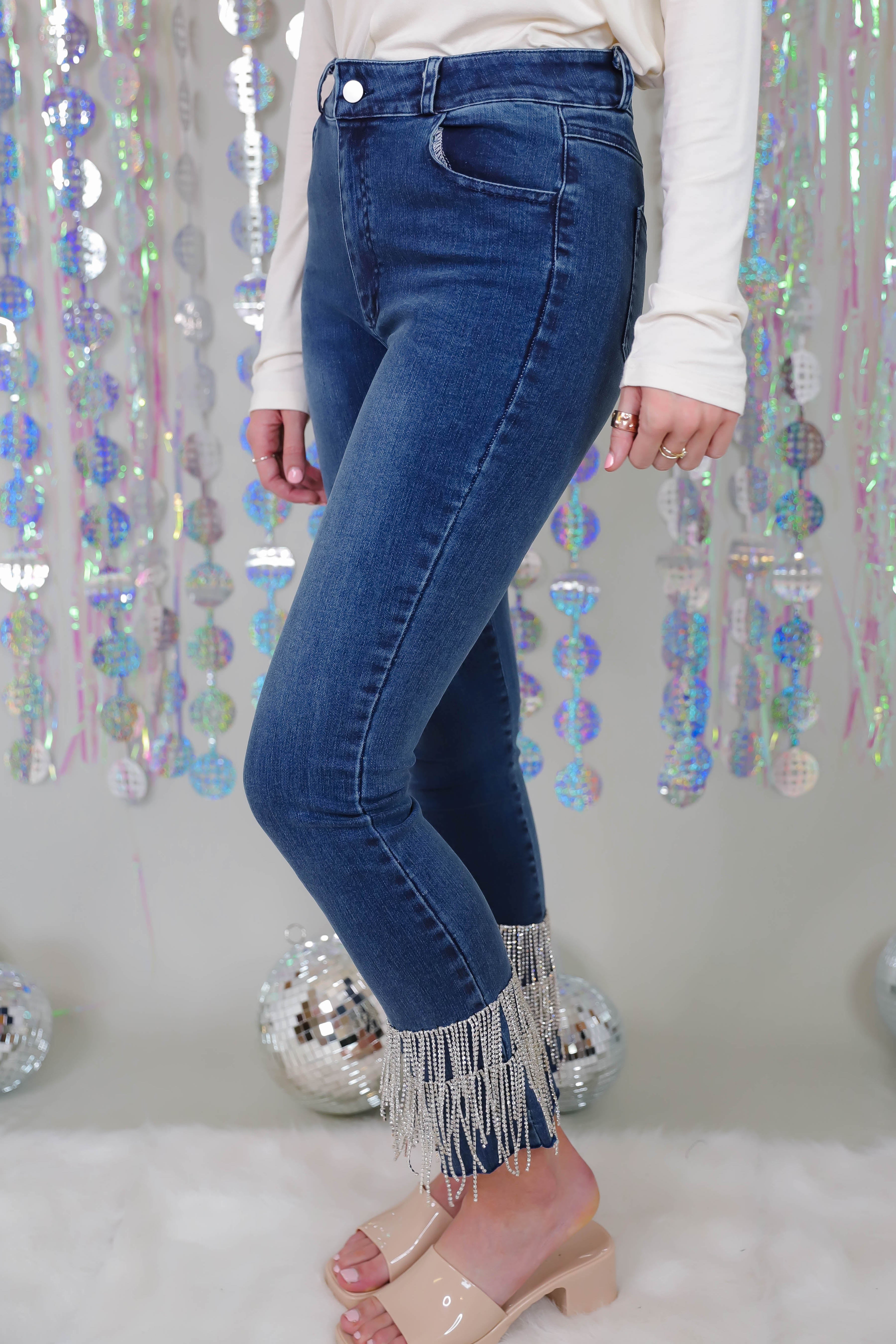 Darkwash Denim With Rhinestone Fringe Rhinestone Fringe Jeans Skinny