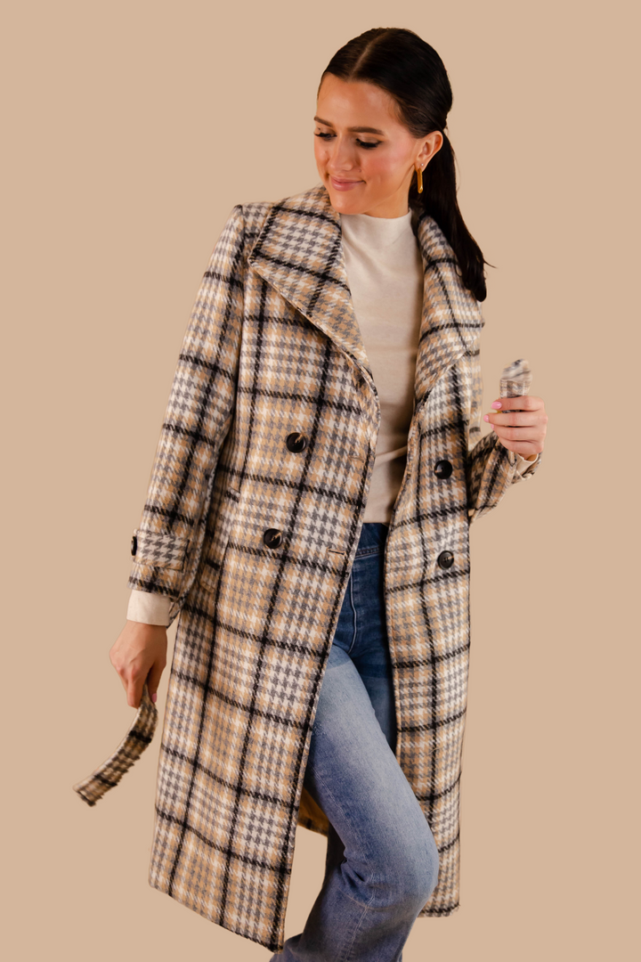 Women's Plaid Winter Coat- Double Breasted Check Print Coat