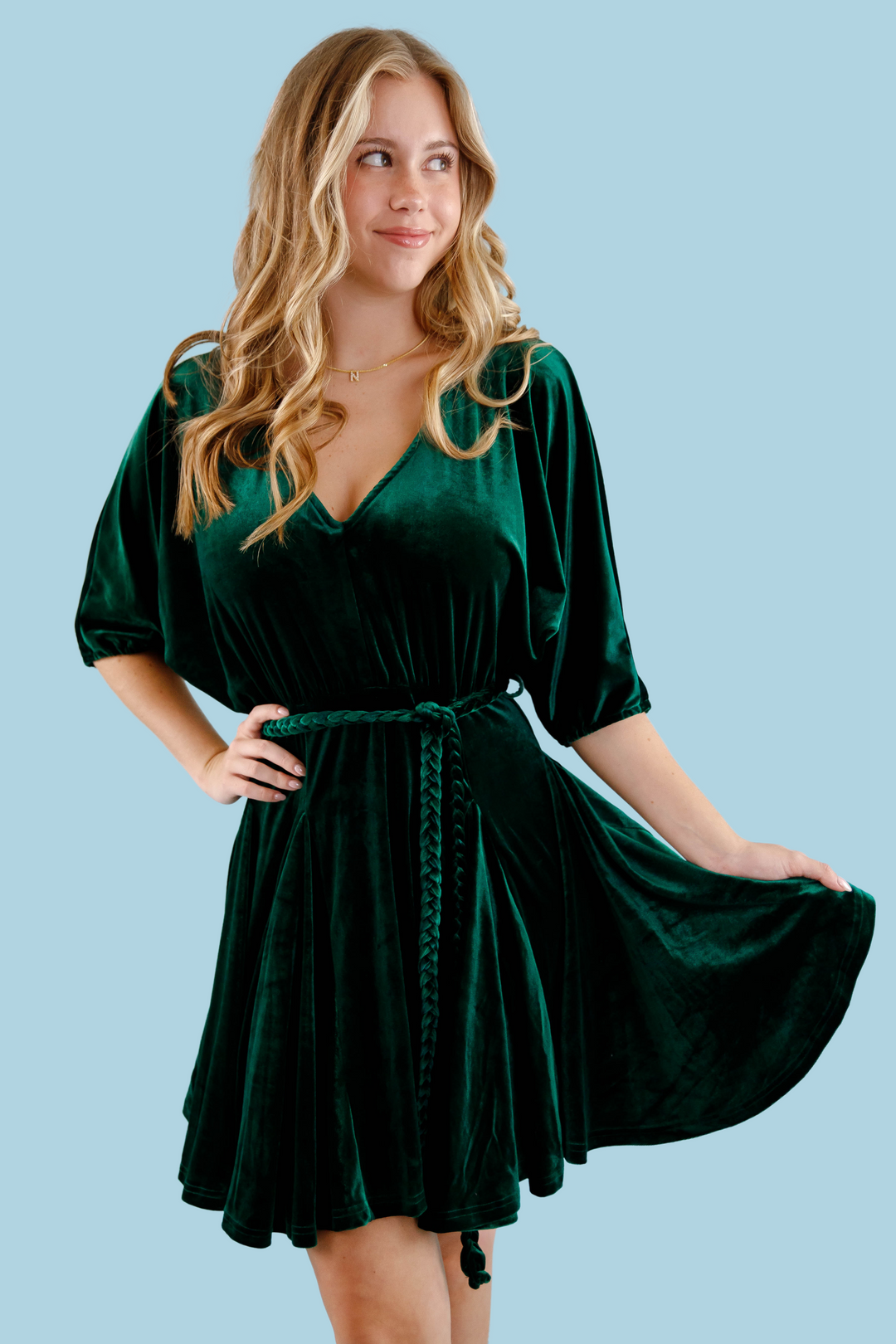 Velvet Emerald Green Dolman Dress- Women's Velvet Holiday Dress
