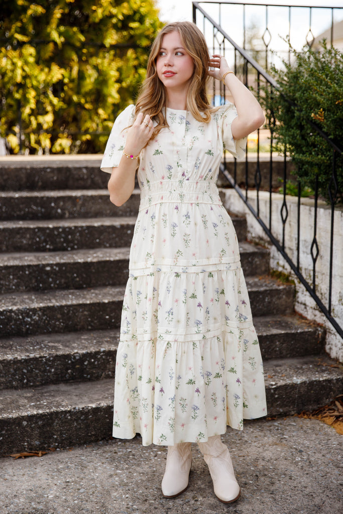 Cream Floral Tiered Midi Dress – Feminine Short Sleeve Floral Dress- Aureum Cotton Dress Extra Small
