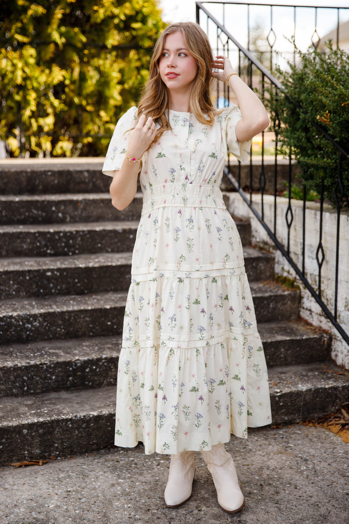 midi flower dress Cream Floral Tiered – Feminine Short Sleeve Floral Dress- Aureum Cotton Dress Extra Small swatch:green-paint-print calf length Chilton Stretch Satin Evening Color:Burgundy Patchwork