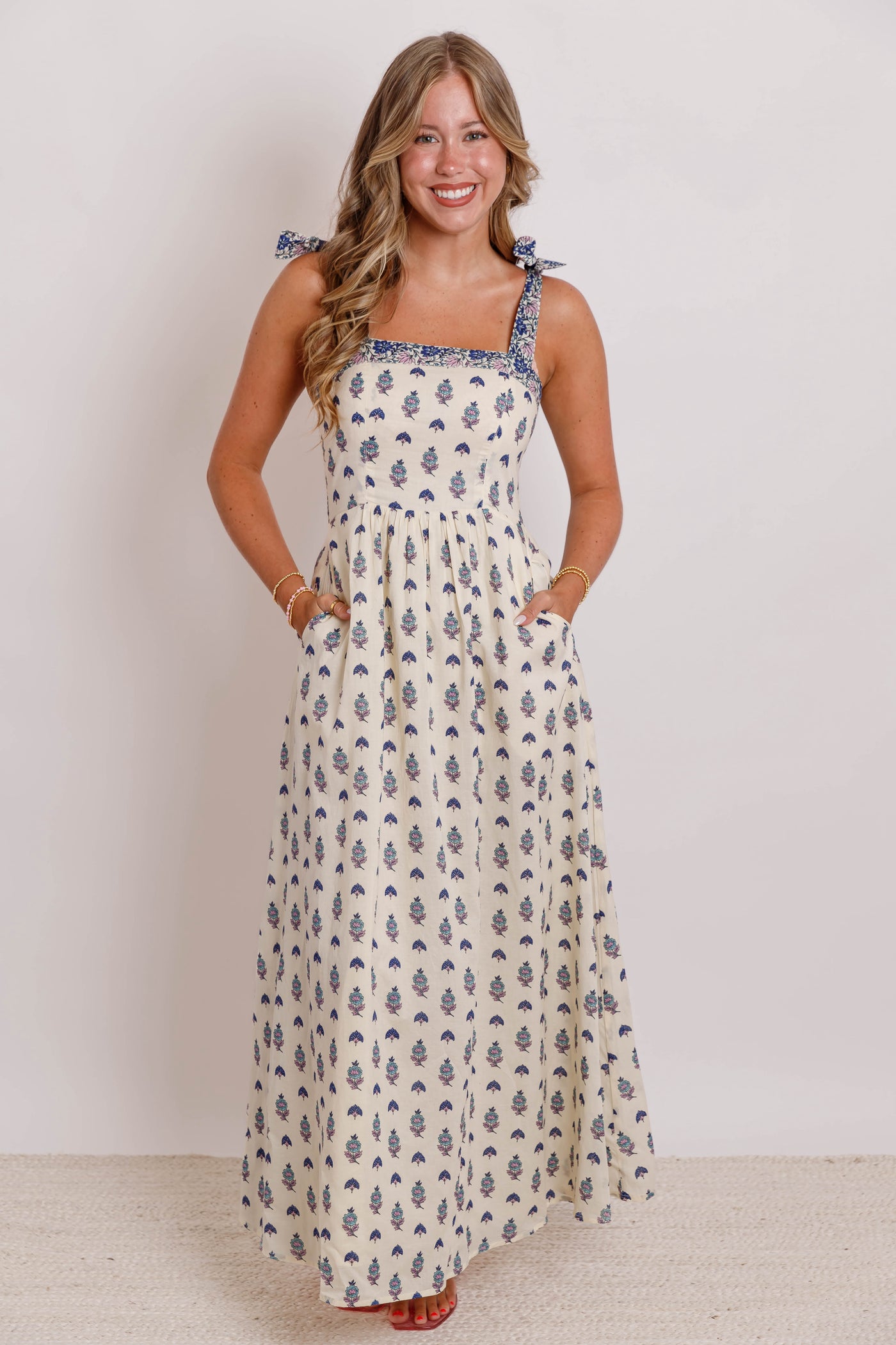 Cotton Floral Maxi Dress- Cotton Maxi Dress With Tie Straps- Bila 77 Santa Barbara Dress Medium