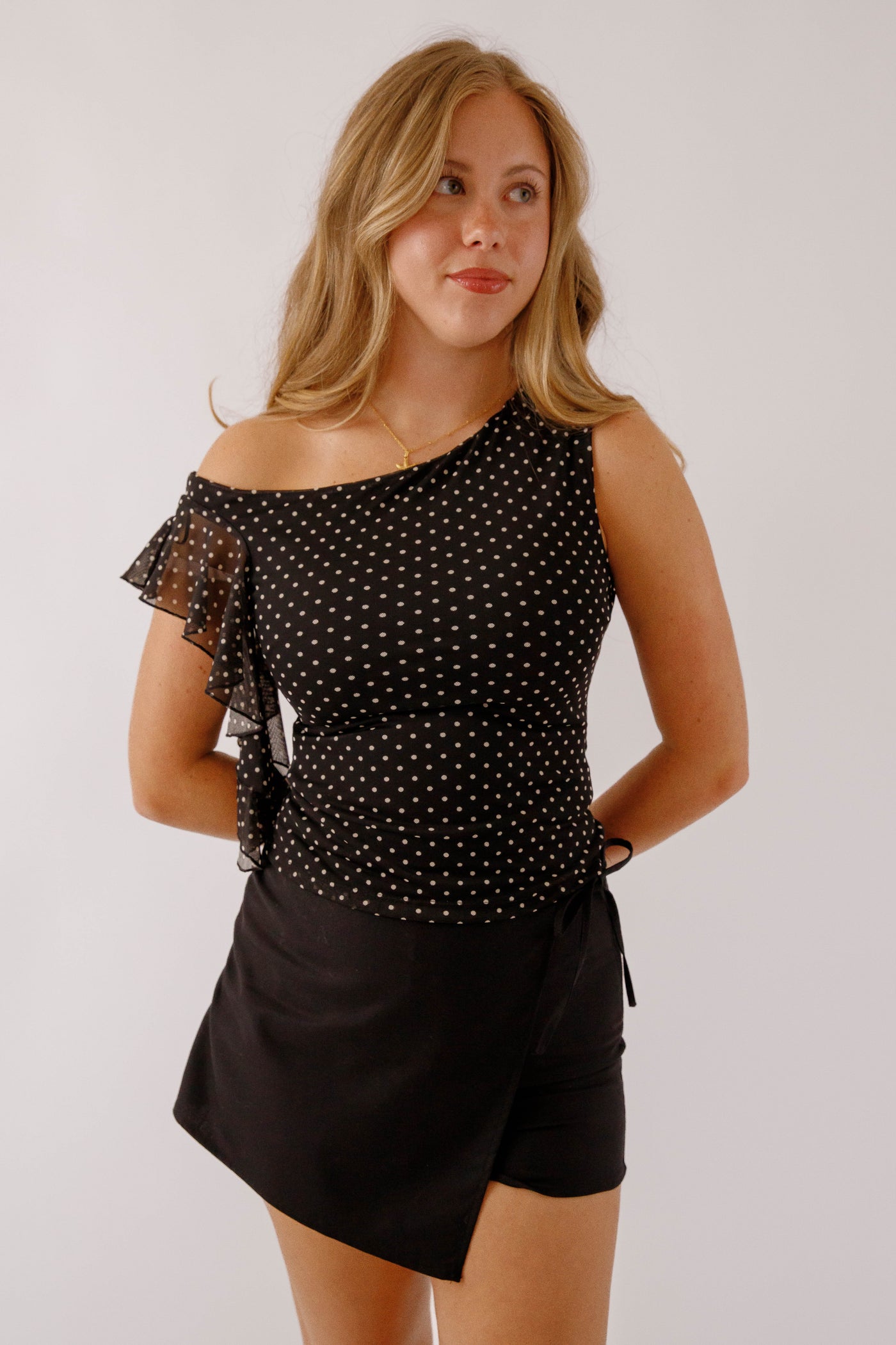One Shoulder Black and White Polka Dot Top- Ruffled One Shoulder 