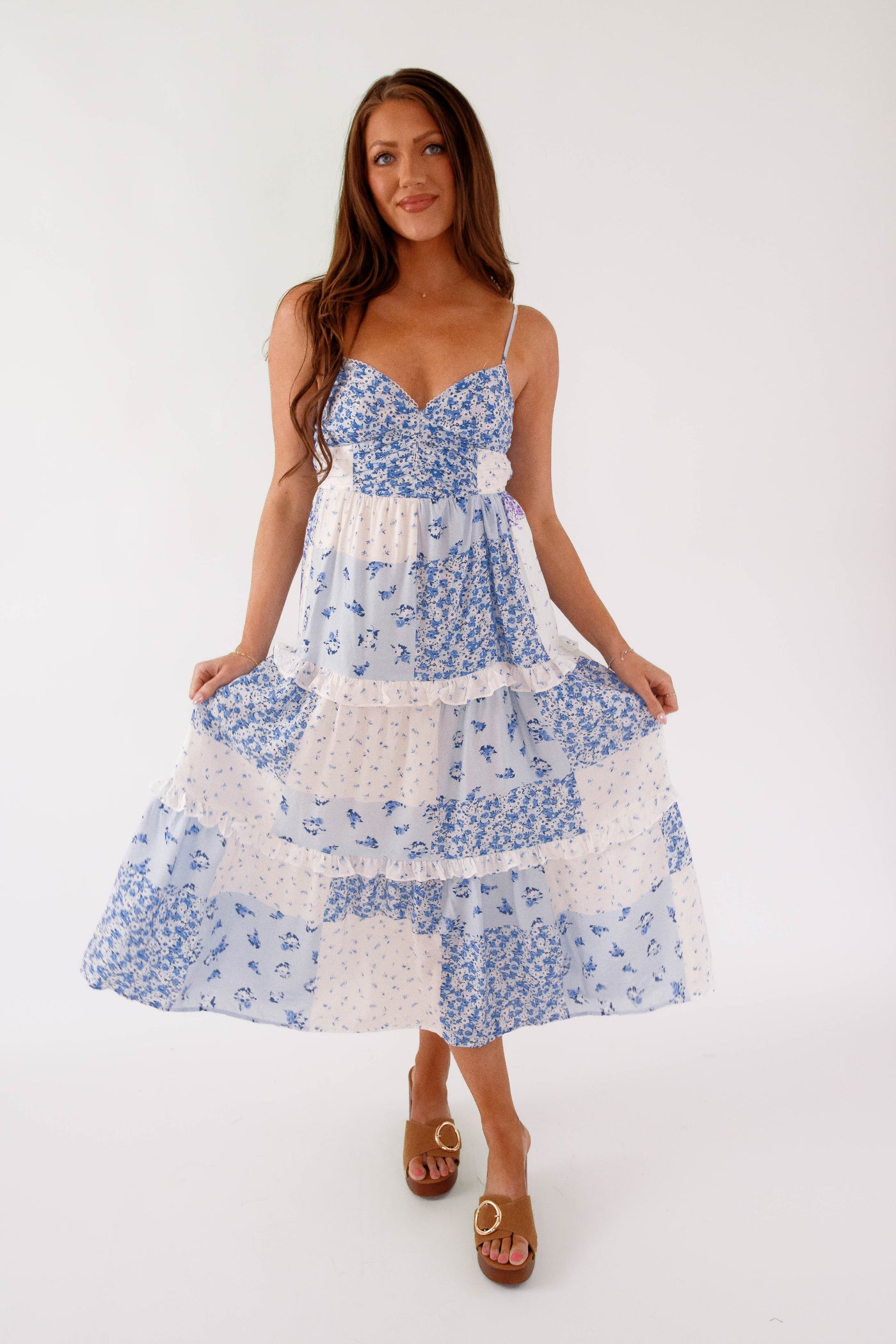 affordable midi dresses Blue Floral Patchwork Dress- Preppy Cottage Patchwork Dress- Blue and White Sundress Medium Dress style:With Choker 10% Nylon Lining Audrey Dress Access Accessories Genuine Leather