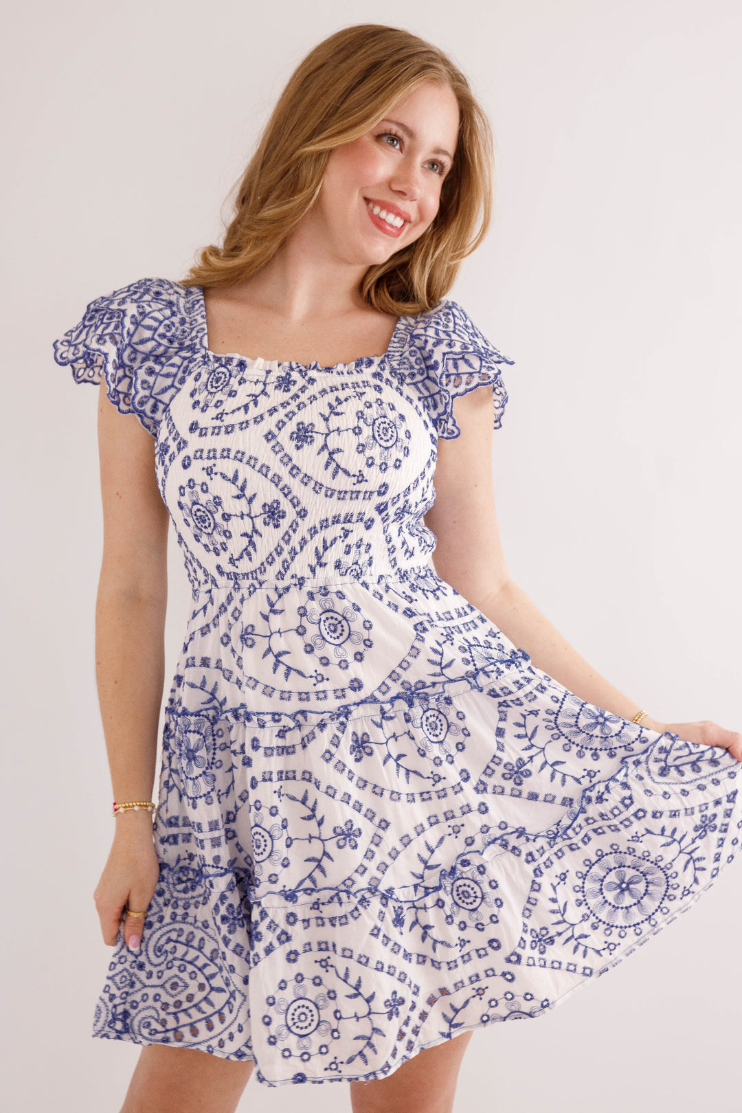 Blue and White Embroidered Dress- Coastal Summer Dress- Heyson Blue and White Dress Medium