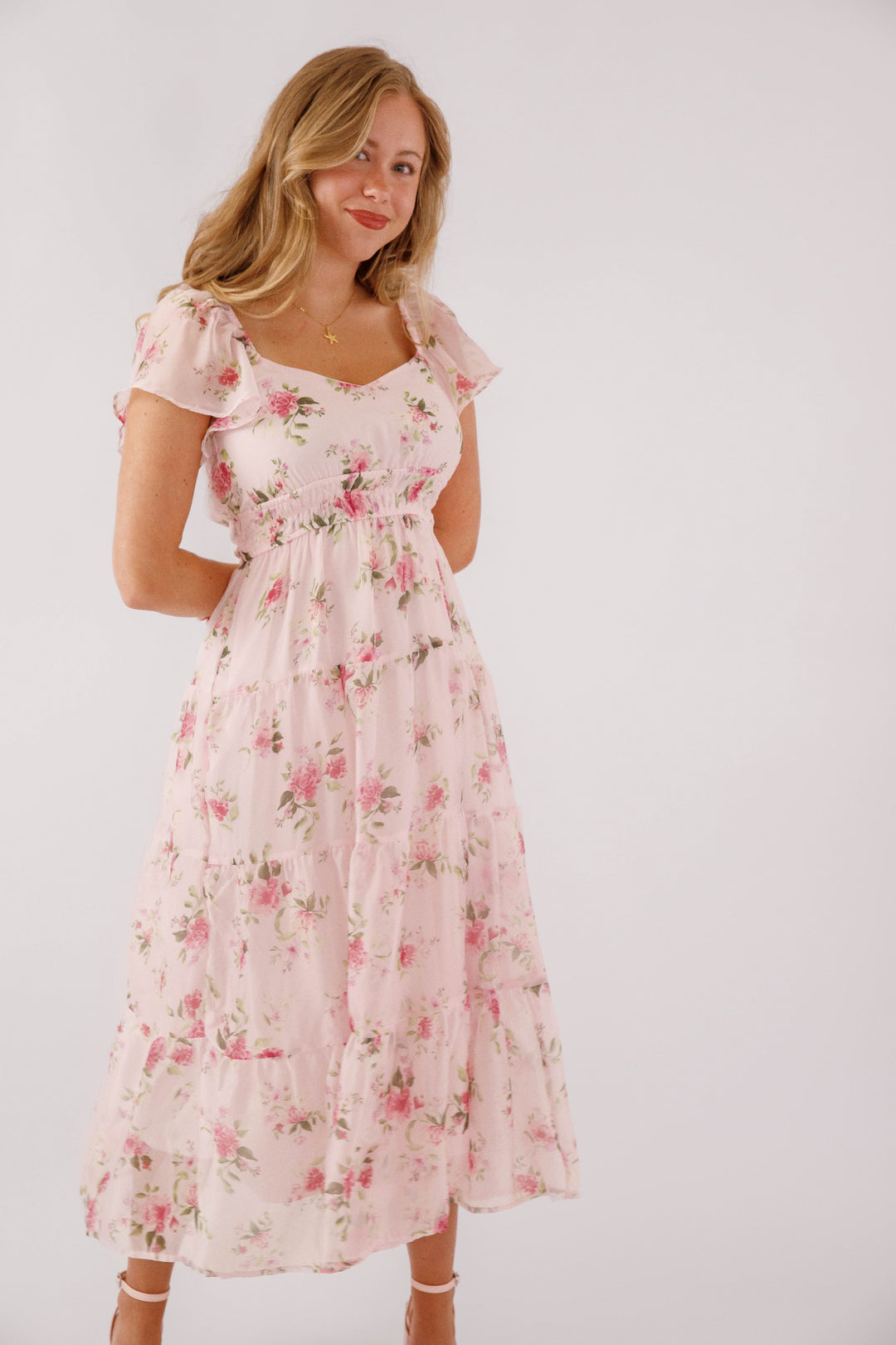 Blush Floral Midi Dress- Feminine Floral Midi Dress With Flutter Sleeves- Flowy Midi Dress With Elastic Waist Large