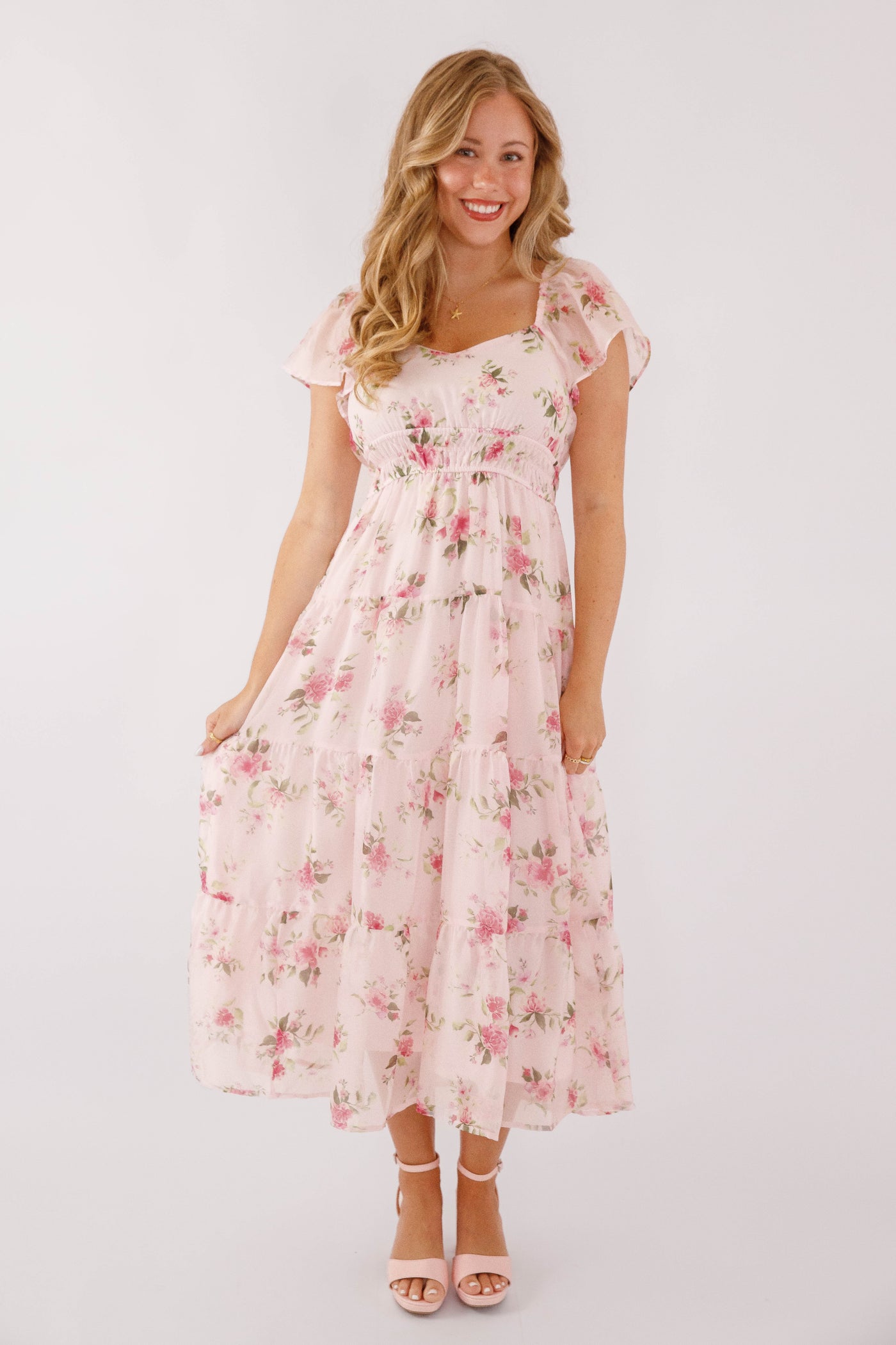 Blush Floral Midi Dress- Feminine Floral Midi Dress With Flutter Sleeves- Flowy Midi Dress With Elastic Waist Large Blush Floral Midi Dress- Feminine Floral Midi Dress With Flutter Sleeves- Flowy Midi Dress With Elastic Waist Large