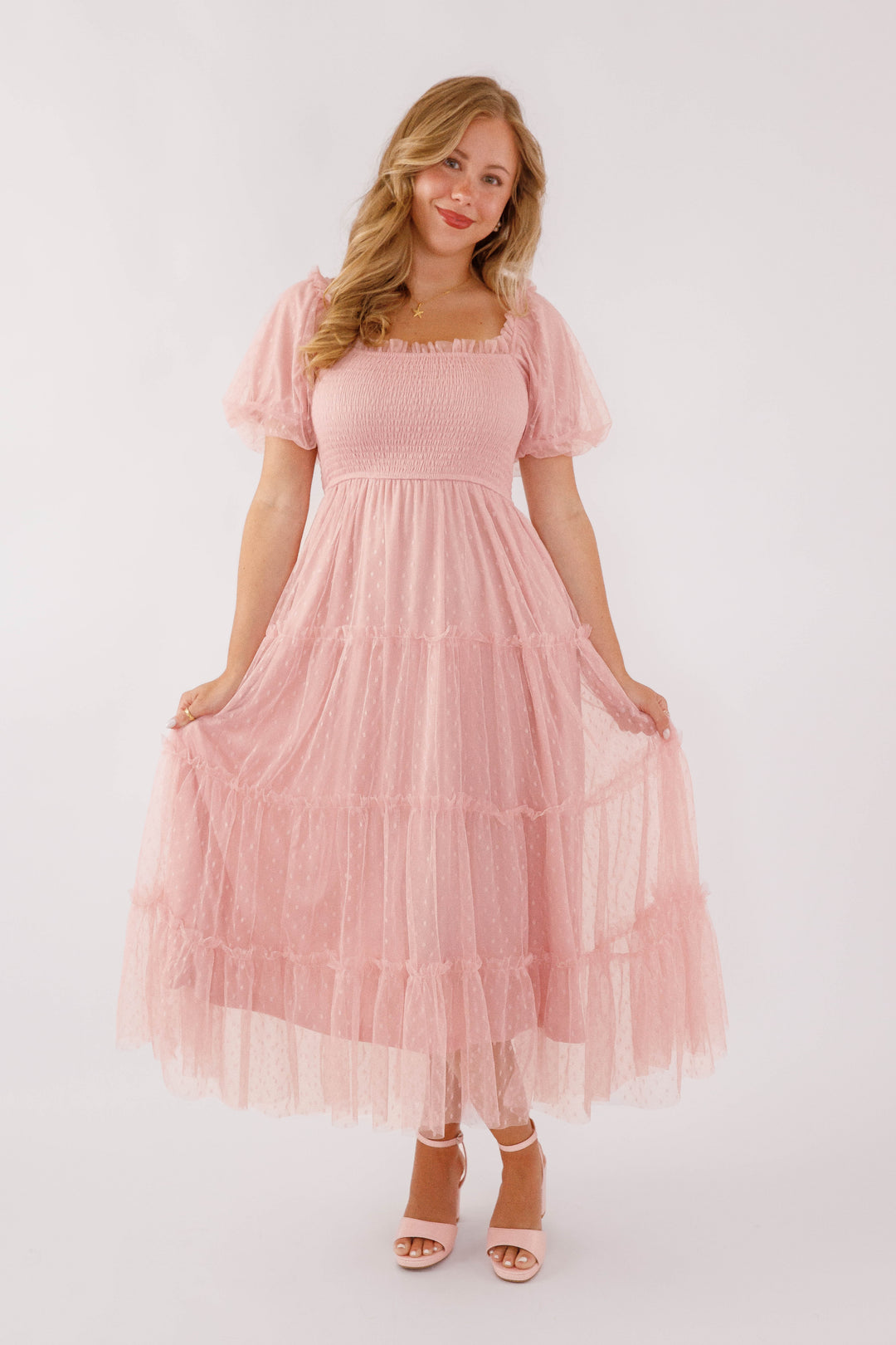 Blush Pink Midi Dress- Tulle Swiss Dot Midi Dress- Spring Summer Dresses Medium