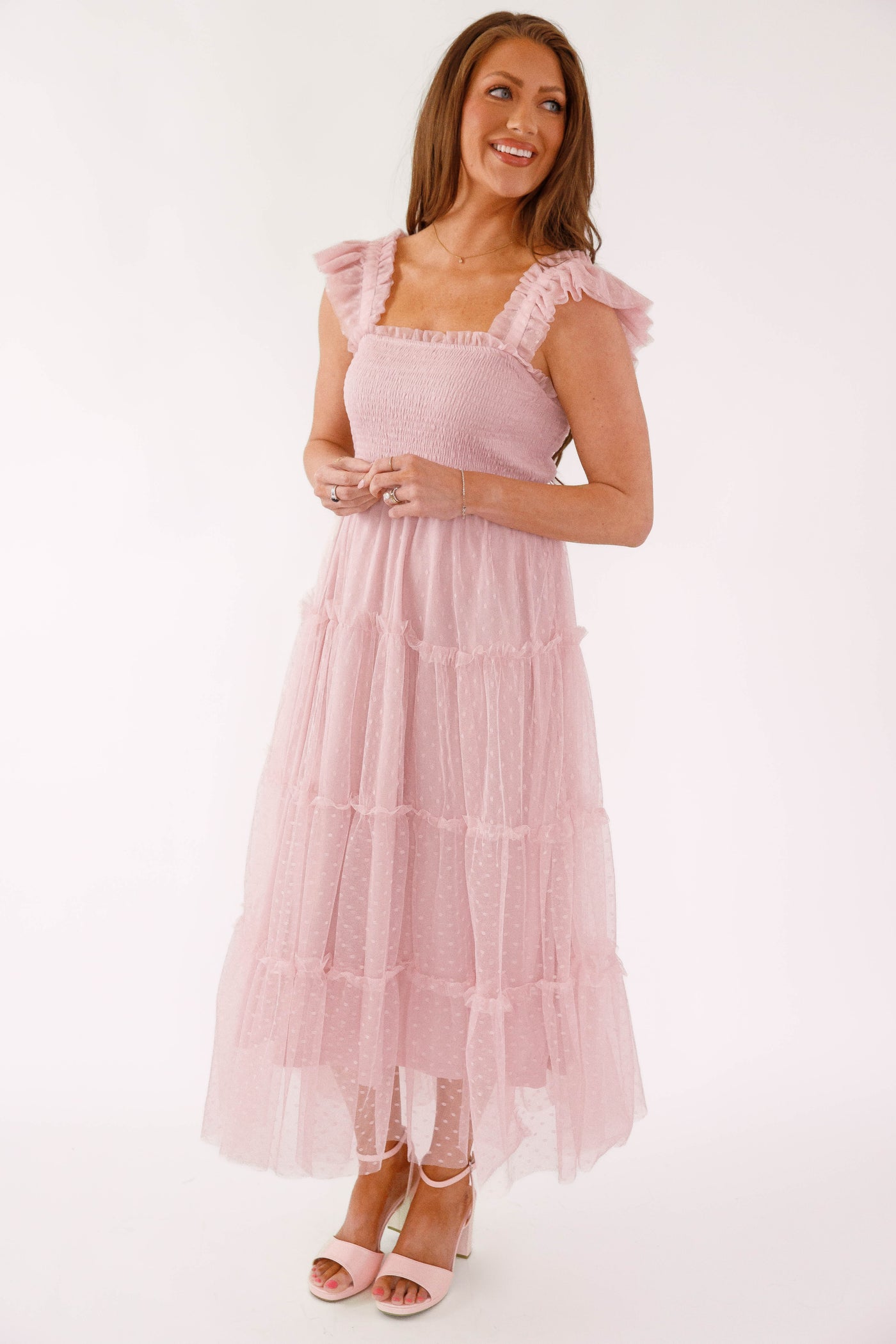 maxi pink tulle dress Jen Off Shoulder Tulle Maxi (Blush)