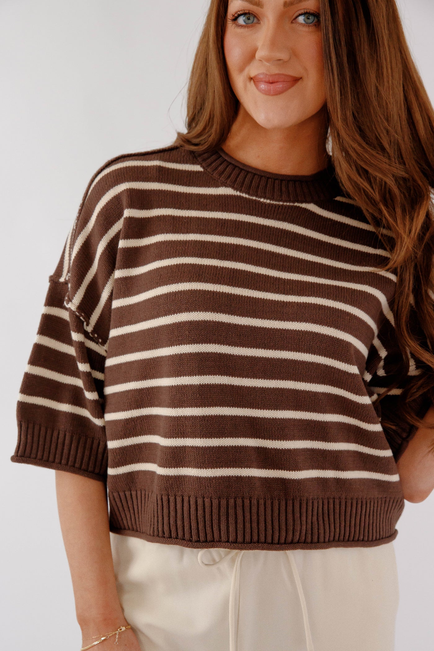 Brown & Cream Striped Short Sleeve Sweater - Lightweight Cozy Knit