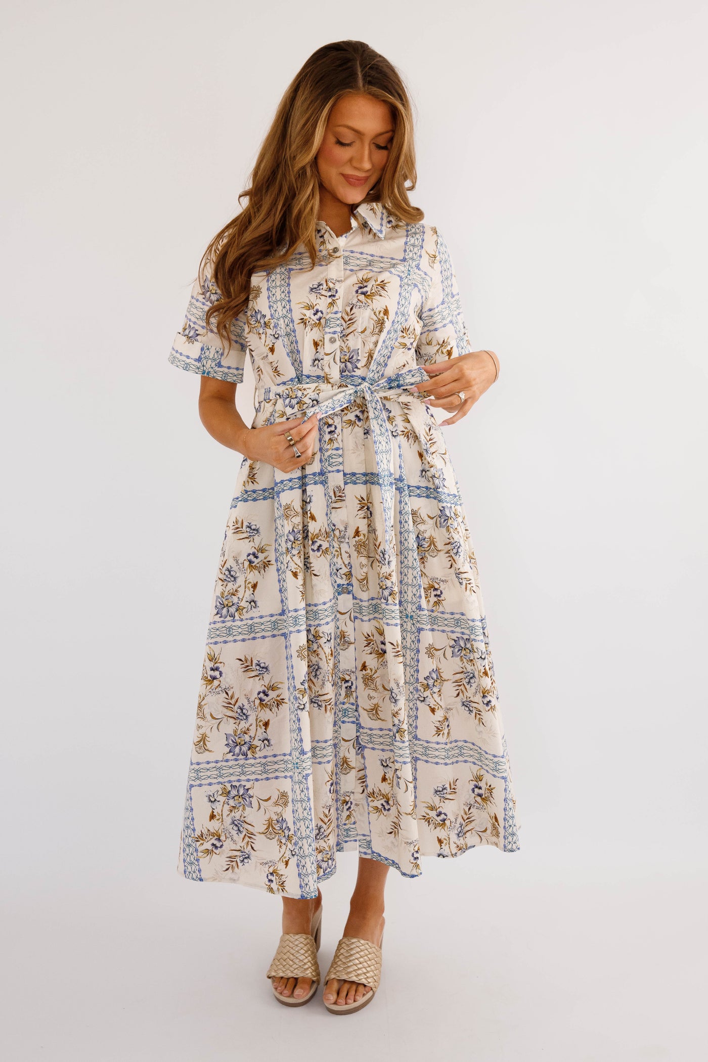 entro floral midi dress Entro Vintage Floral Belted Midi Dress, Multi