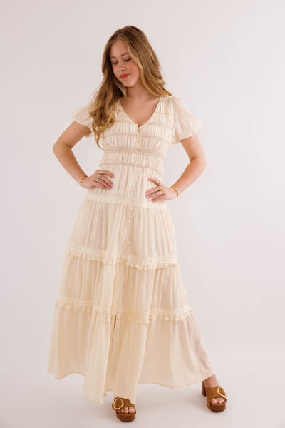 bohemian cream maxi dress Smocked Tiered with Puff Sleeves- Cream Boho Maxi Dress- In Loom Cotton Boho Dress Small This stunning piece features BLUE BRIDESMAID Color:Cordovan Midi Dress Summer Dresses