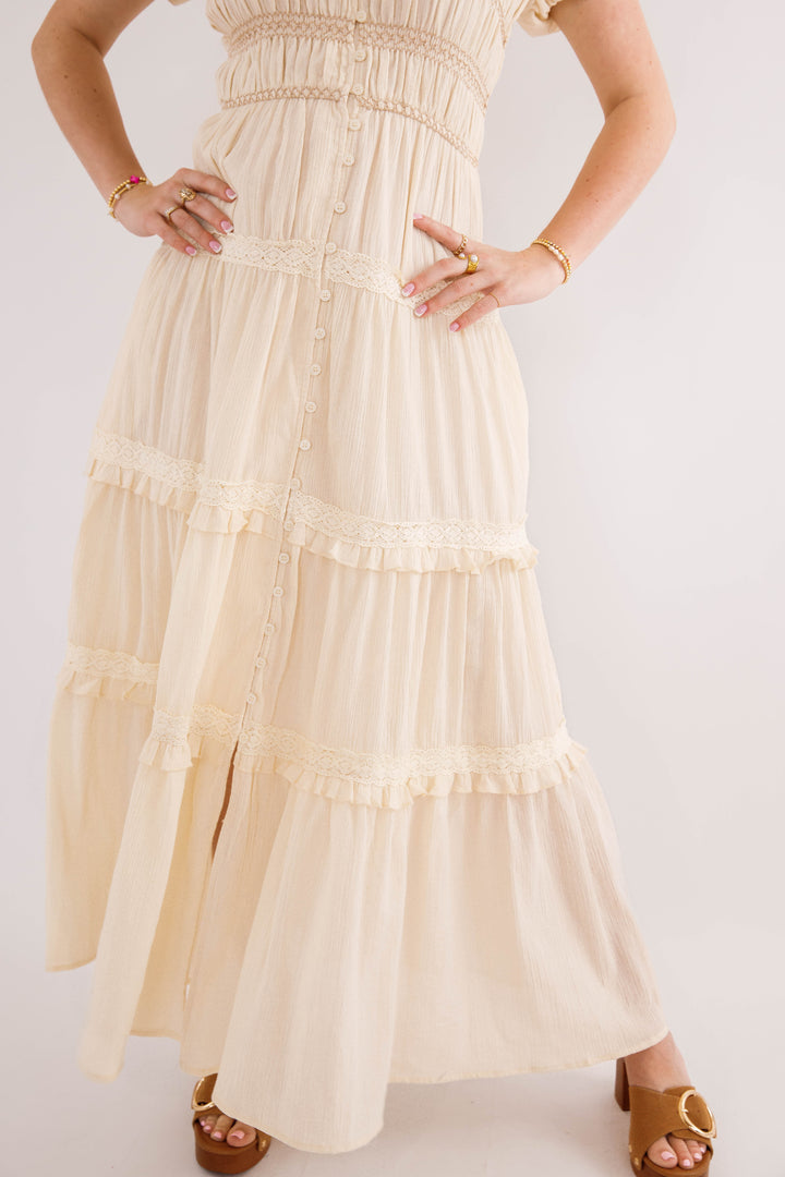 Cream Smocked Tiered Maxi Dress with Puff Sleeves- Cream Boho Maxi Dress- In Loom Cotton Boho Dress – Juliana's Boutique