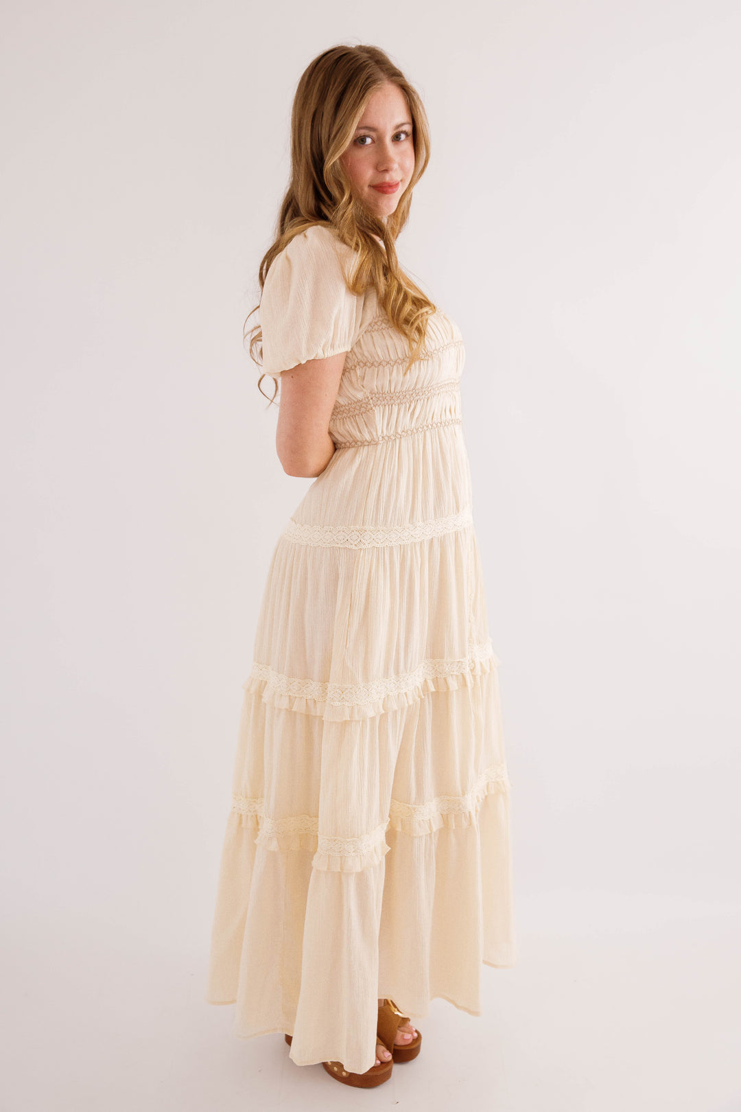 long cream boho dress Smocked Tiered Maxi with Puff Sleeves- Cream Maxi Dress- In Loom Cotton Boho Dress – Juliana's Boutique elegant formal bohemian dress
