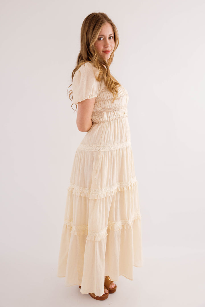 cream boho dress with sleeves Smocked Tiered Maxi Puff Sleeves- Cream Maxi Dress- In Loom Cotton Boho Dress – Juliana's Boutique gypsy white boho dress