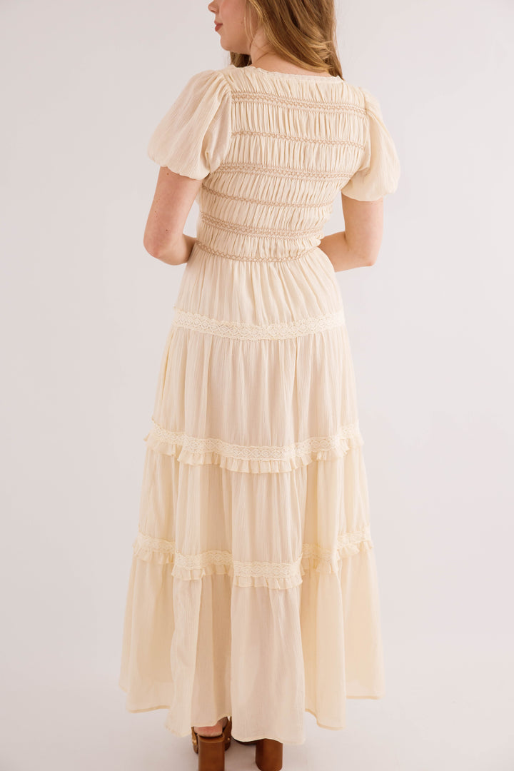 Cream Smocked Tiered Maxi Dress with Puff Sleeves- Cream Boho Maxi Dress- In Loom Cotton Boho Dress – Juliana's Boutique