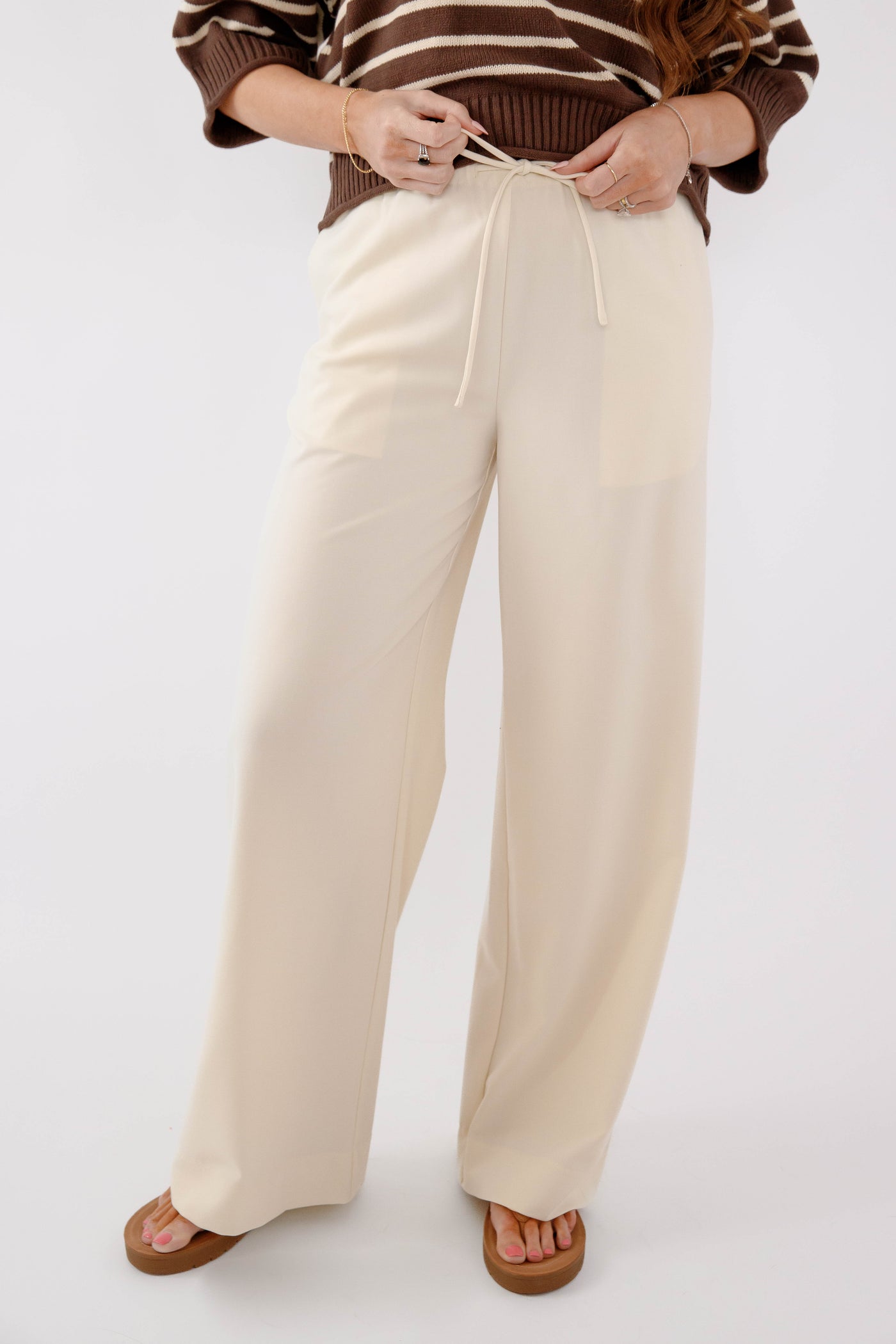 Cream Wide Leg Drawstring Pants