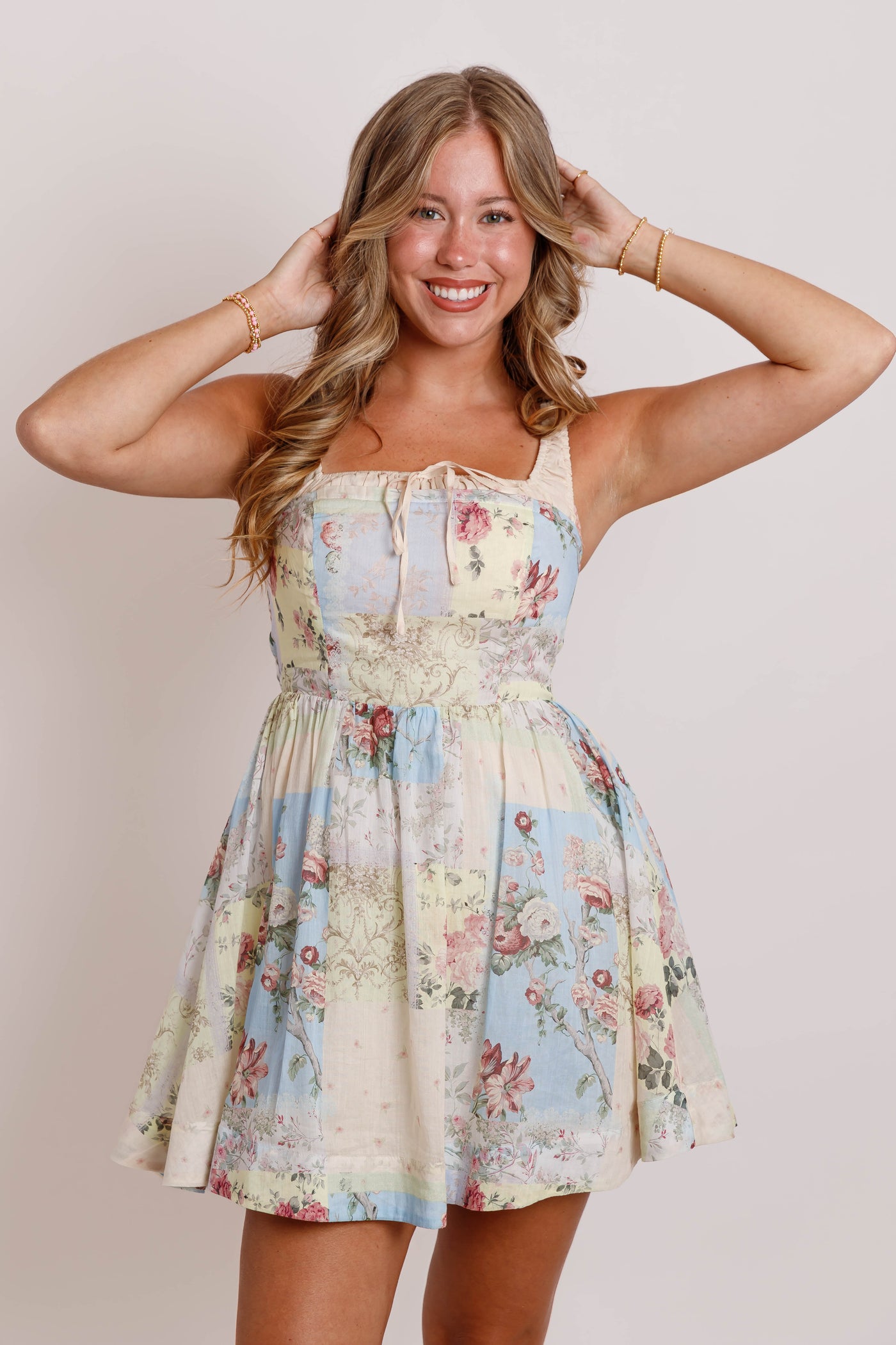 Floral Patchwork Print Ruched Shoulder Strap Mini Dress- Vintage Inspired Dresses- Mable Mini Dress Small