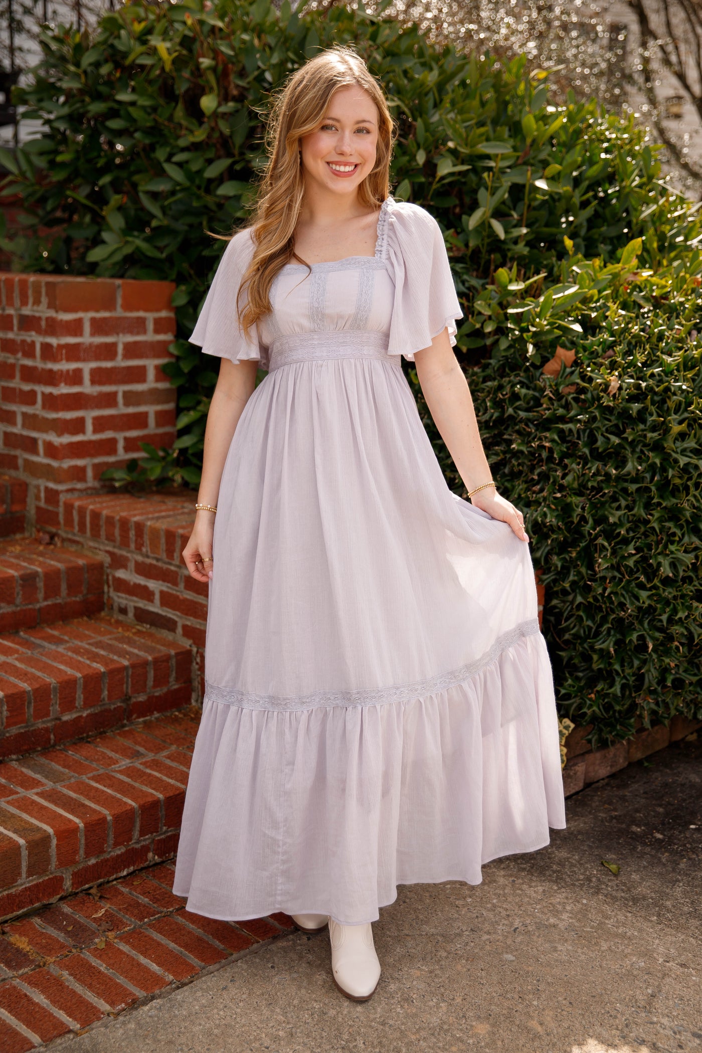 Dusty Grey Lace Trim Maxi Dress Romantic Flutter Sleeve Dress- In Loom Grey Maxi Juliana's Boutique Dusty Grey Lace Trim Maxi Dress Romantic Flutter Sleeve Dress- In Loom Grey Maxi Juliana's Boutique