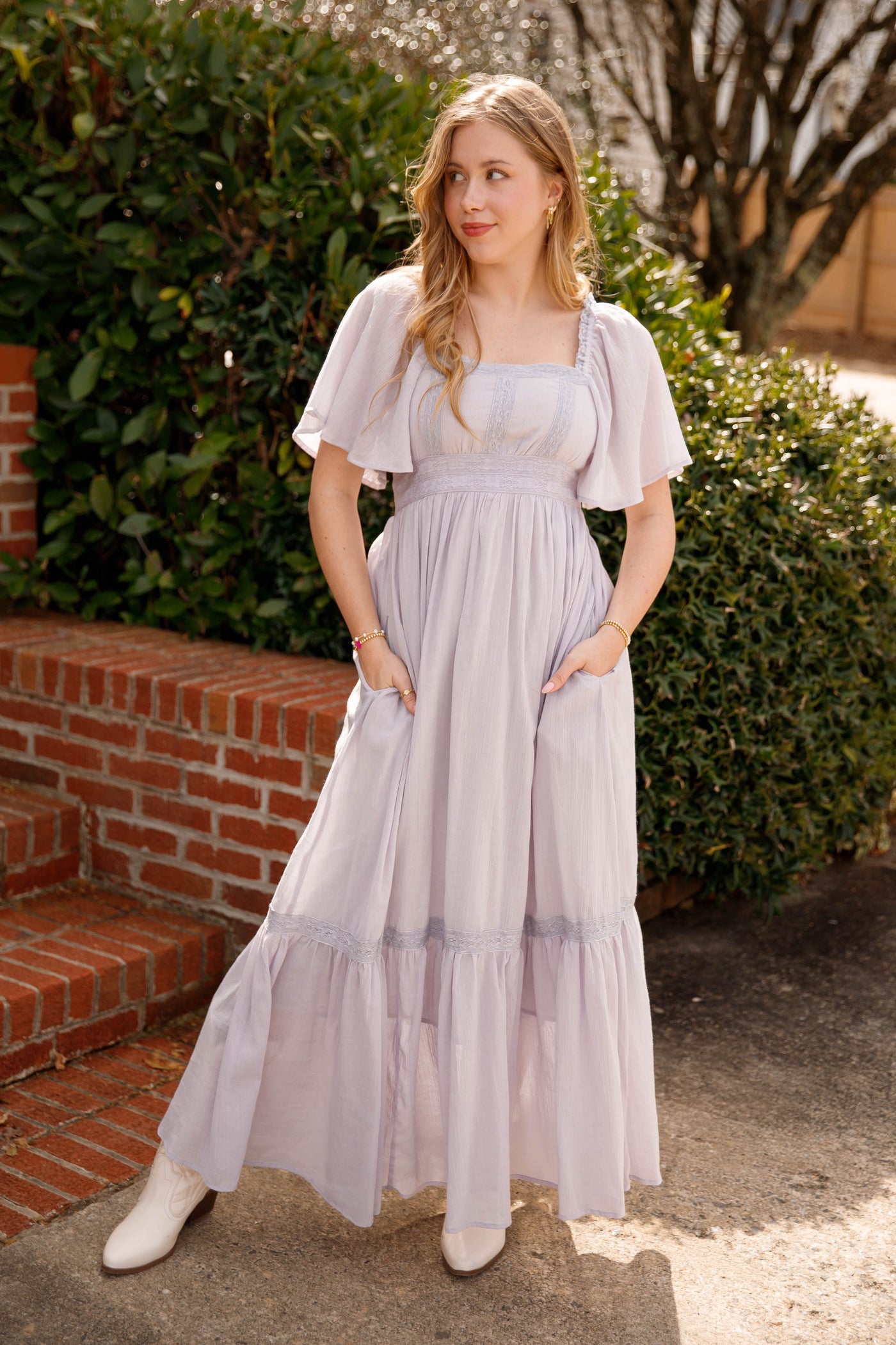 Dusty Grey Lace Trim Maxi Dress – Romantic Flutter Sleeve Dress- In Loom  Grey Maxi – Juliana's Boutique