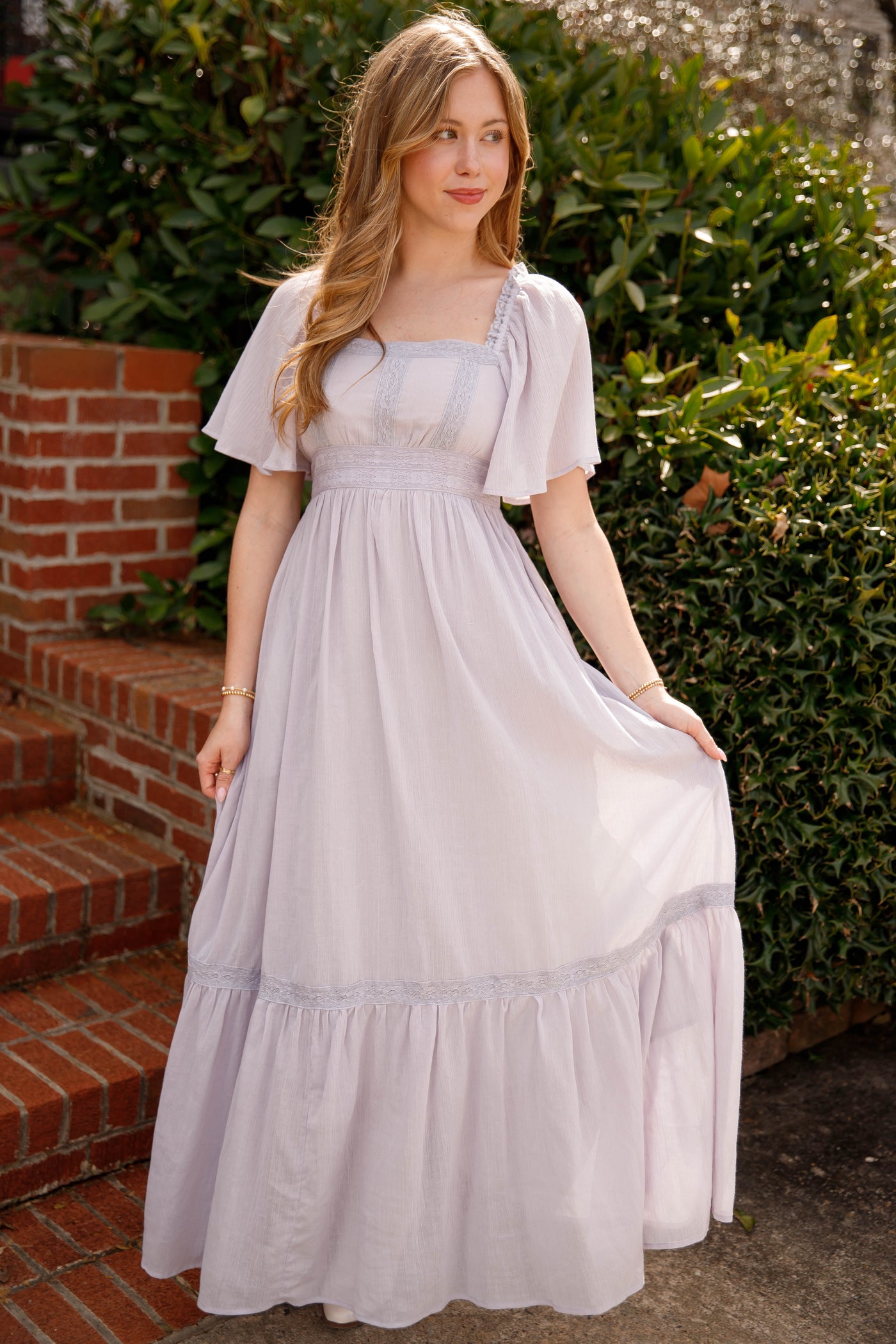 lace trim maxi dress Dusty Grey Lace Trim Maxi Dress – Romantic Flutter Sleeve Dress- In Loom Grey Maxi Small