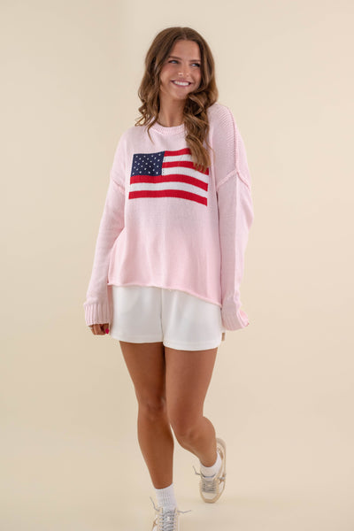 Women's American Flag Sweater- Pink Flag Sweater- Americana Lightweight Sweater