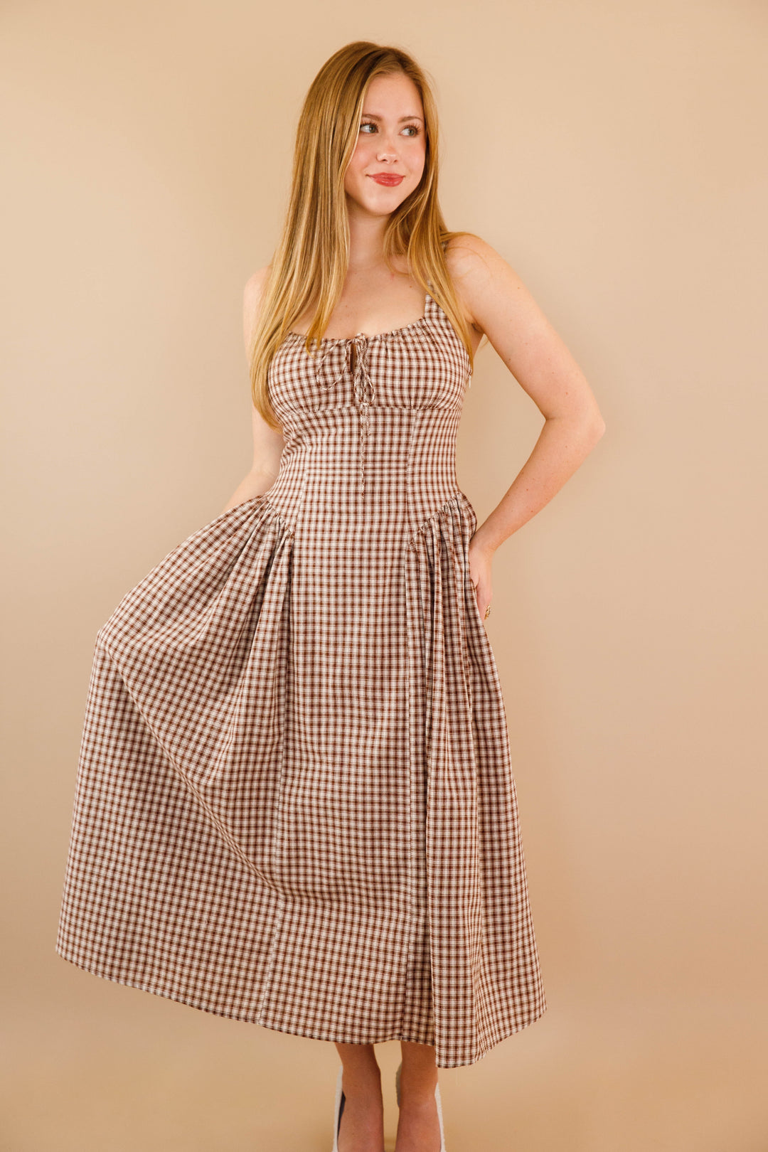 Milkmaid Bodice Maxi Dress- Women's Brown Gingham Dropwaist Dress- Creamon Dresses – Juliana's Boutique