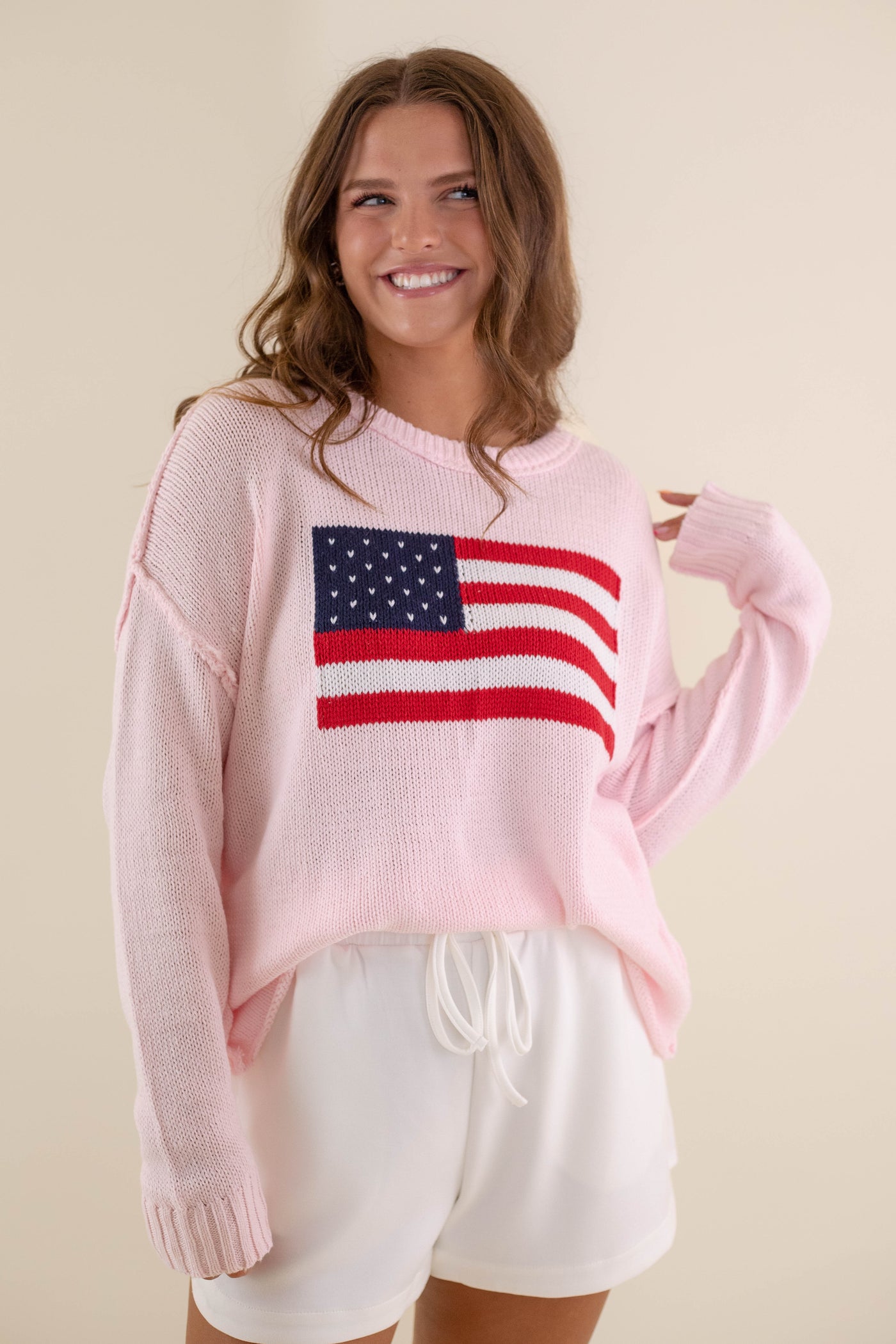 Women's American Flag Sweater- Pink Flag Sweater- Americana Lightweight Sweater