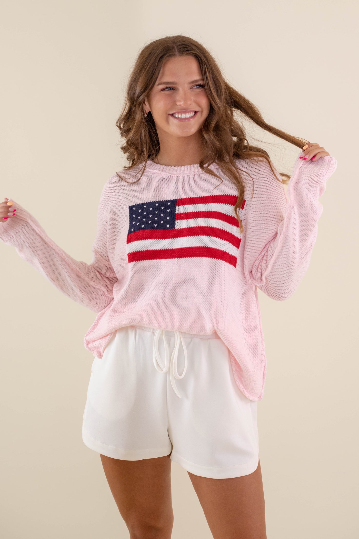 Women's American Flag Sweater- Pink Flag Sweater- Americana Lightweight Sweater