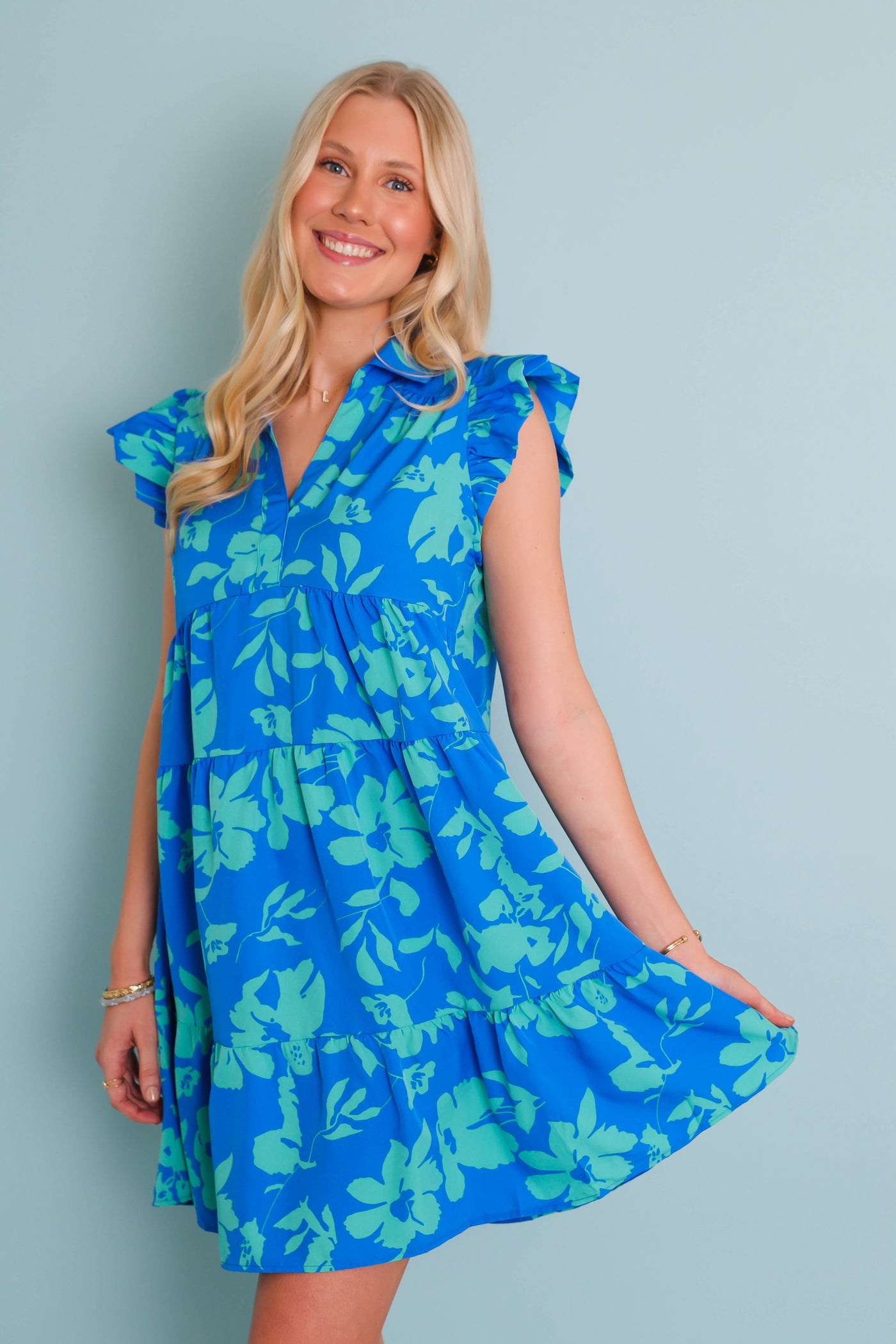 Blue and Green Floral Dress- Women's Vacation Dresses- Umgee Blue Dress