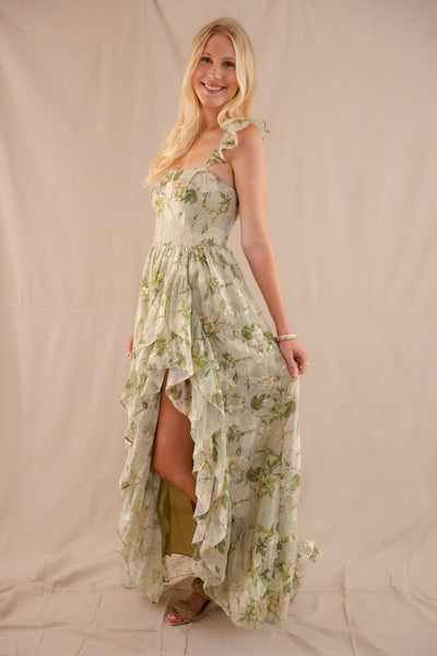 Green Rose Print Dress- High-Low Maxi Dress- Storia Floral Print Dress