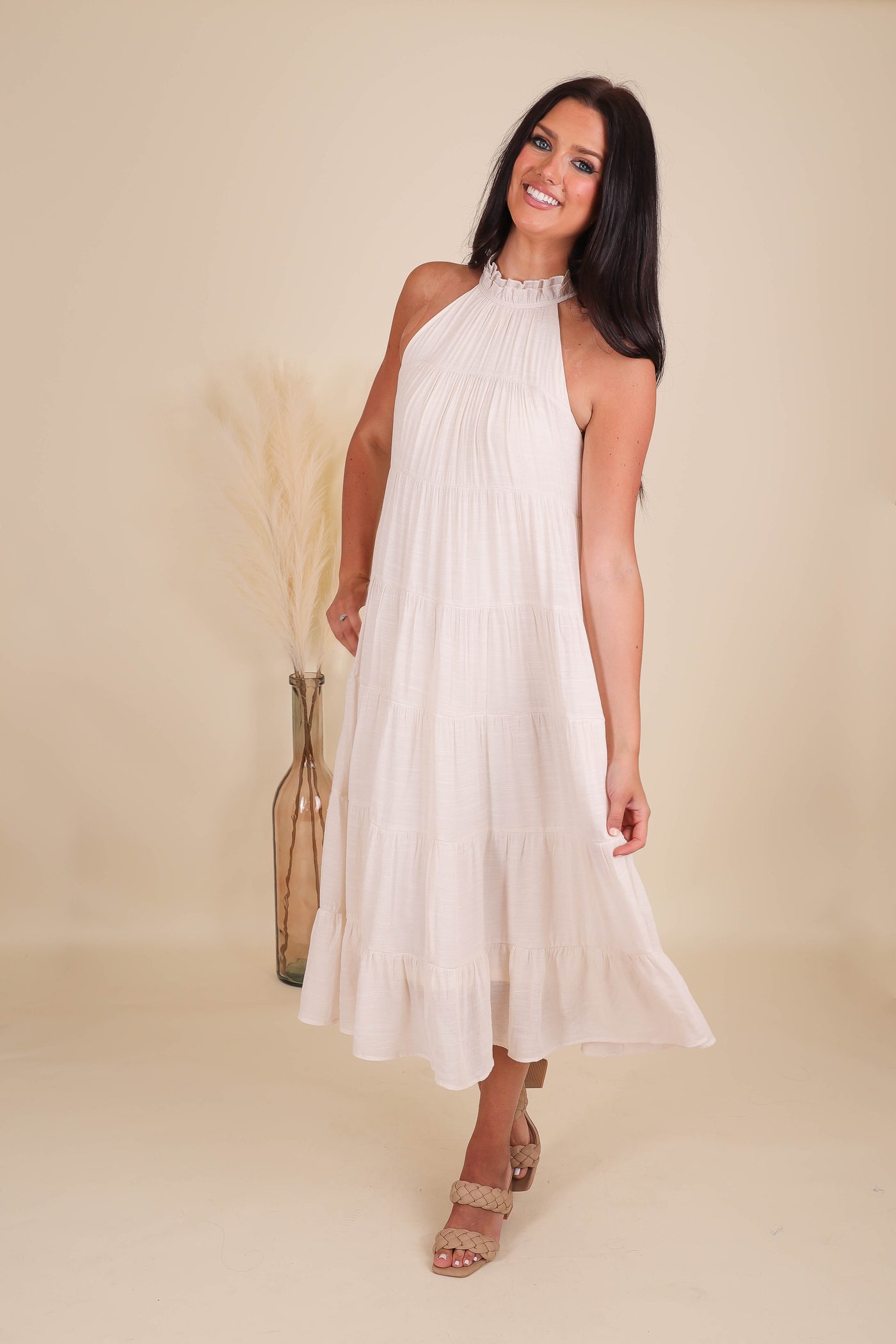 Chic High Neck Midi Dress- Women's Ivory Midi Dress- Umgee Maxi Dress