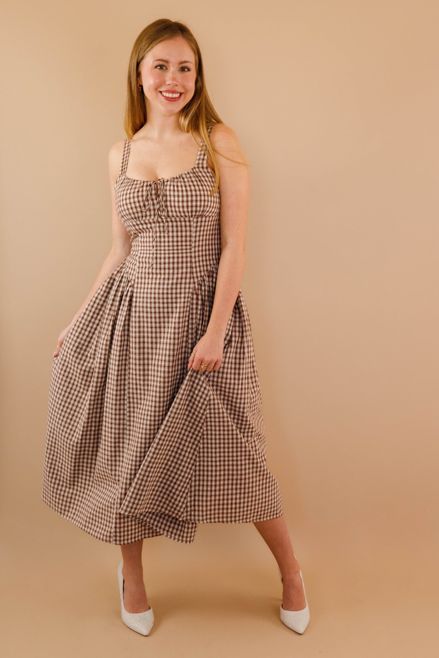 brown milkmaid dress Milkmaid Bodice Maxi Dress- Women's Brown Gingham Dropwaist Dress- Creamon Dresses Small