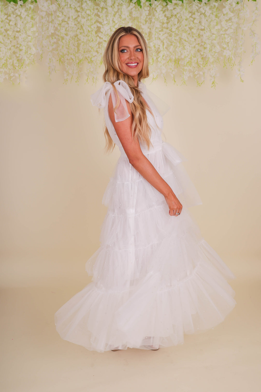 White Pearl Tulle Midi Dress- Bridal Tulle Pearl Dress- Mable