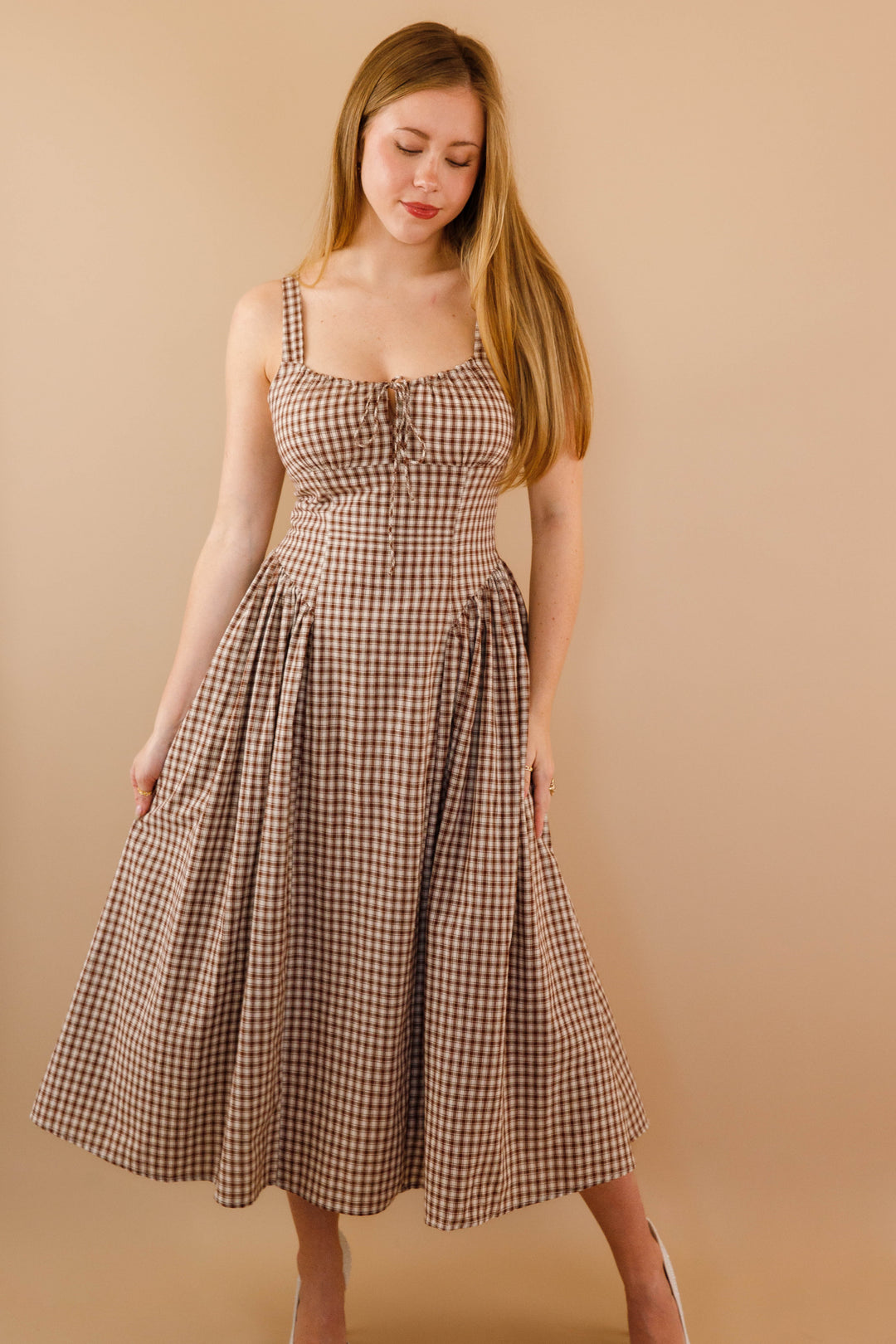 Milkmaid Bodice Maxi Dress- Women's Brown Gingham Dropwaist Dress- Creamon Dresses Large
