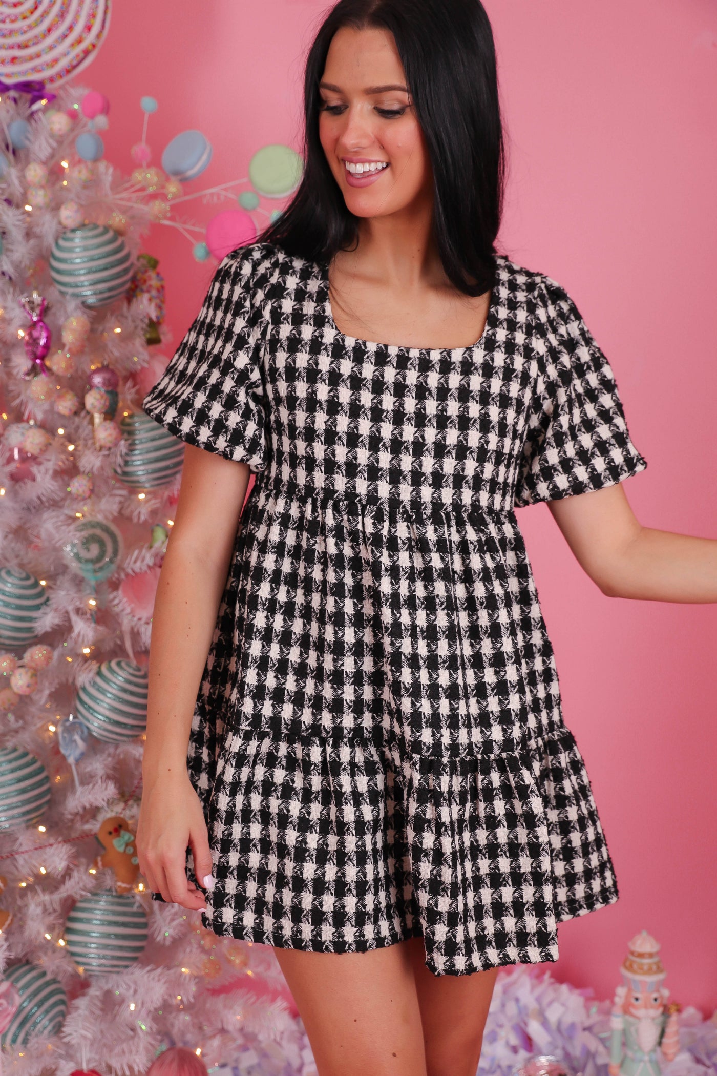 Women's Black and White Tweed Dress- Women's Houndstooth Dress- Entro Dresses