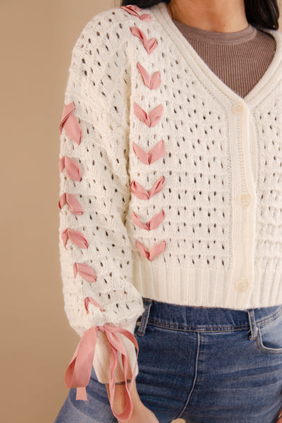 Crochet Sweater With Pink Ribbon- Women's Pink Ribbon Cardigan- Ivory and Pink Ribbon Knit Sweater