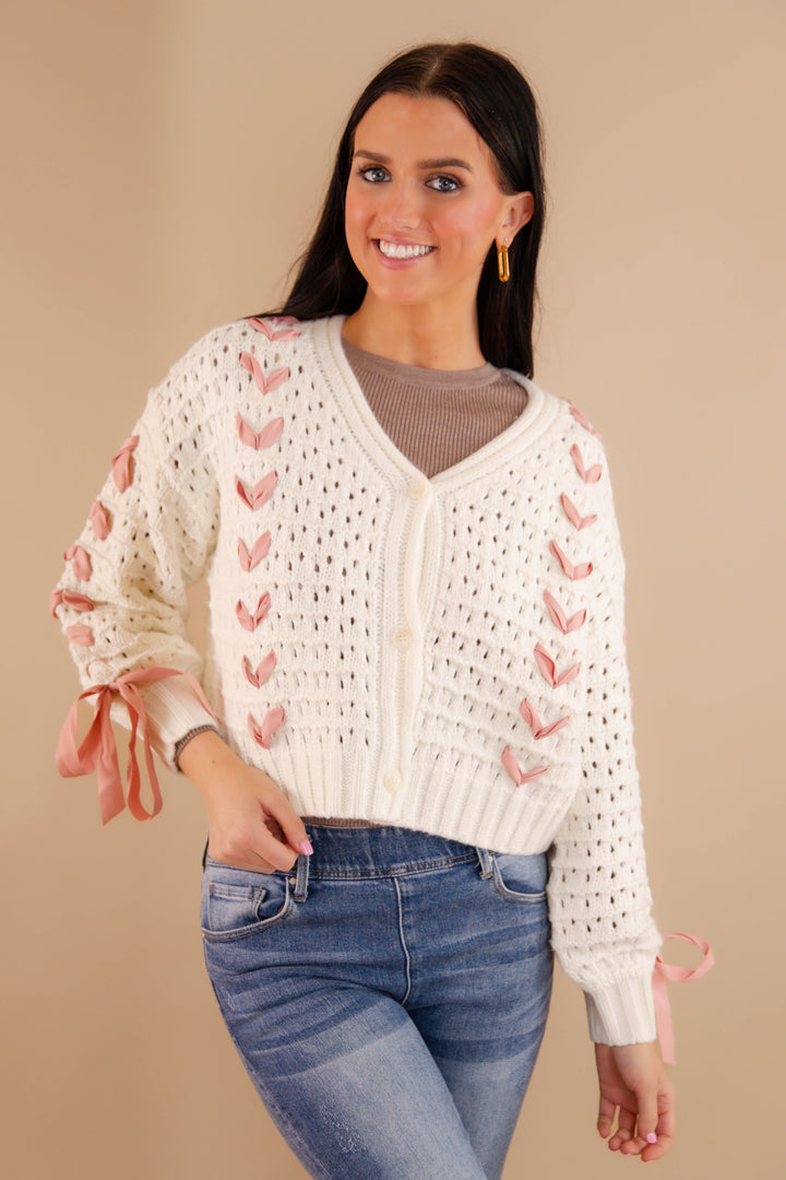 Crochet Sweater With Pink Ribbon- Women's Pink Ribbon Cardigan