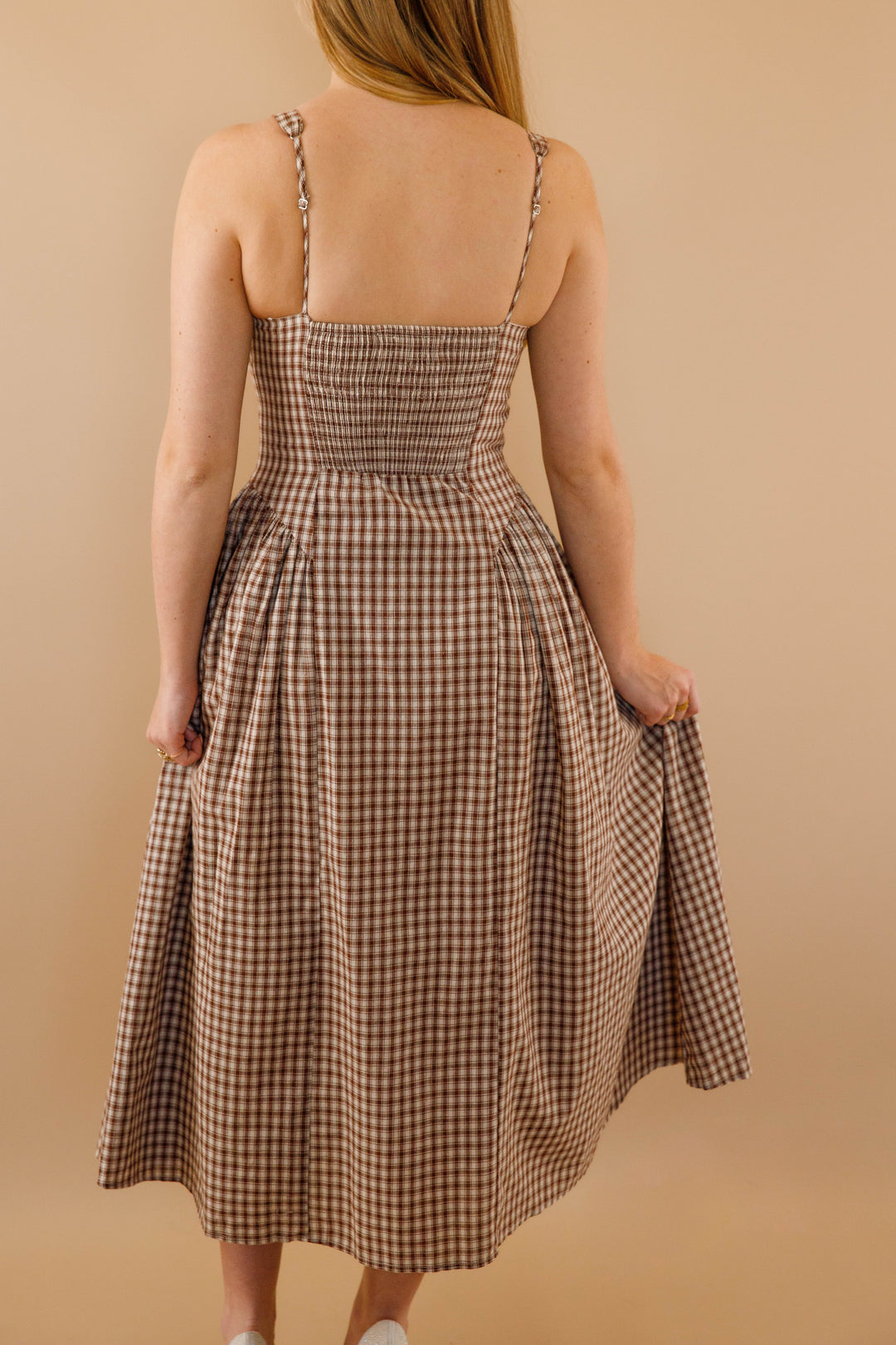 Milkmaid Bodice Maxi Dress- Women's Brown Gingham Dropwaist Dress- Creamon Dresses – Juliana's Boutique