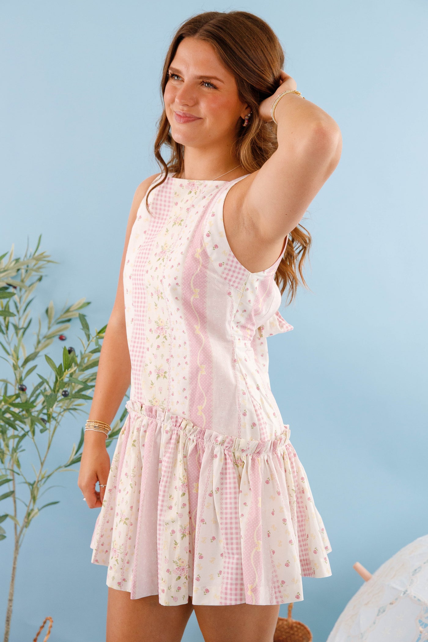 Women's Floral Print Dress- Feminine and Flirty A-Line Dress- Mable Floral and Gingham Dress