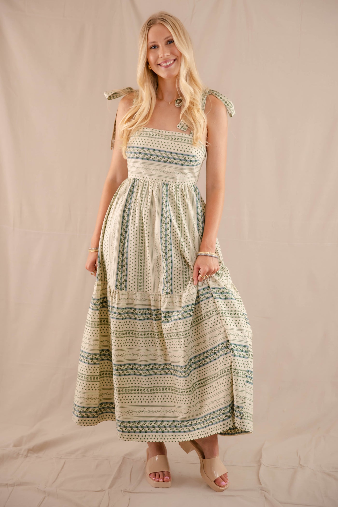 Blue and Green Print Maxi Dress- Dainty Floral Print Dress- B.Right Dresses