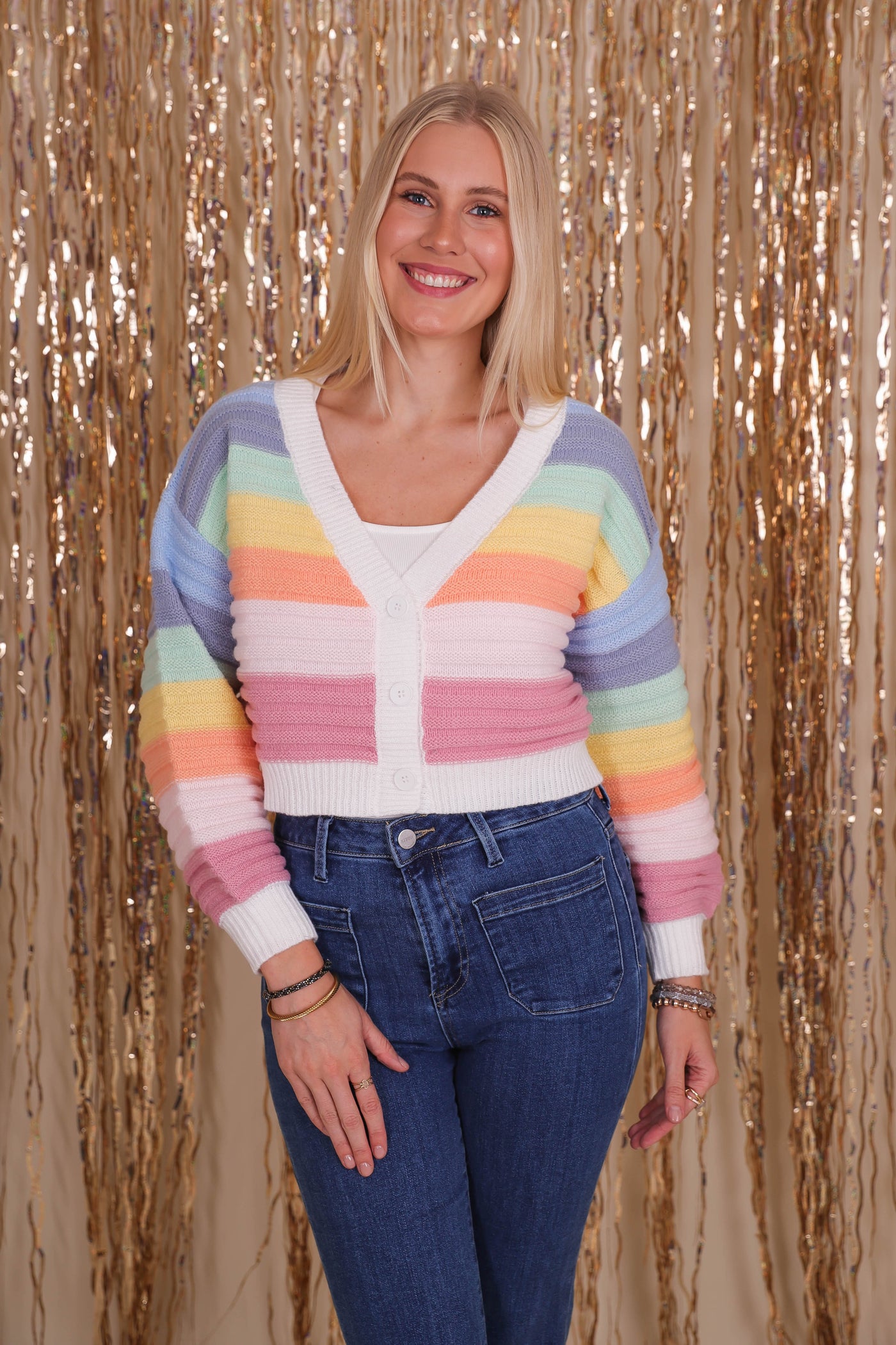 Women's Cropped Rainbow Cardigan- Women's Fun Rainbow Sweater- Colorful Fall Clothes