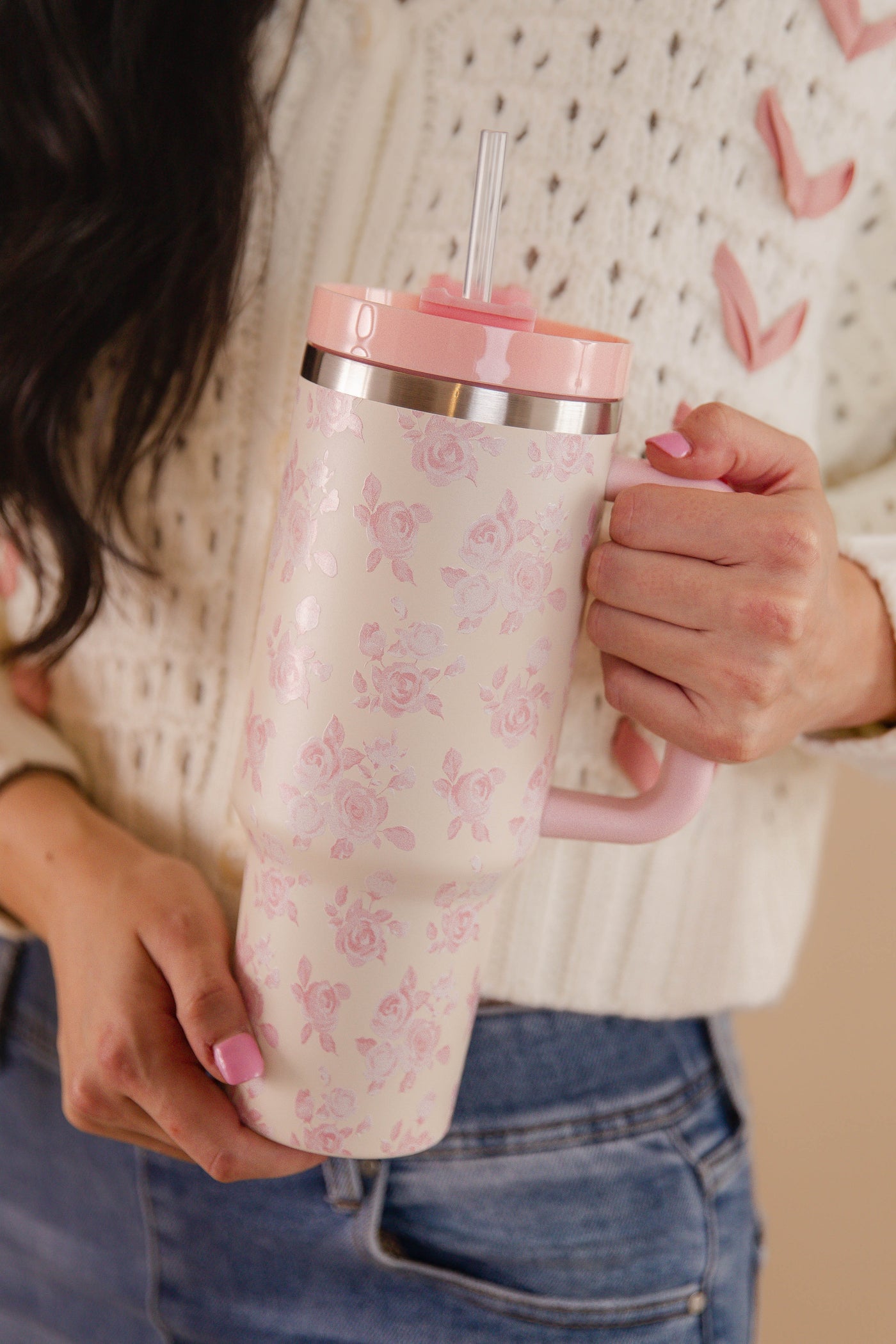 Blush Pink Floral Print Tumbler- 40oz Vintage Floral Tumbler