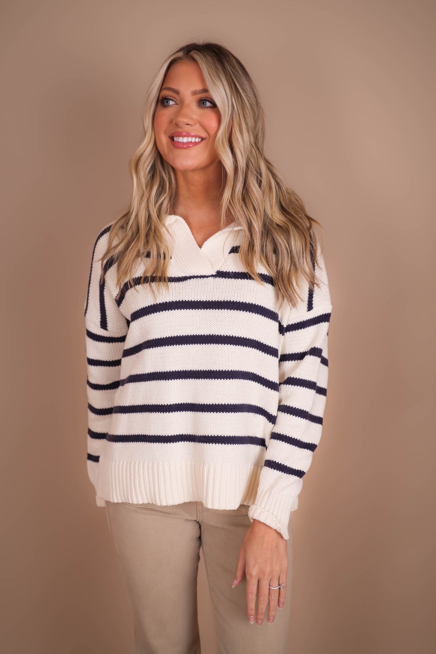 Women's Classic Stripe Sweater- Women's Striped Collar Sweater- Women's Preppy Sweaters