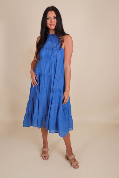 Chic High Neck Midi Dress- Women's Blue Midi Dress- Umgee Maxi Dress