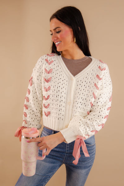 Crochet Sweater With Pink Ribbon- Women's Pink Ribbon Cardigan- Ivory and Pink Ribbon Knit Sweater